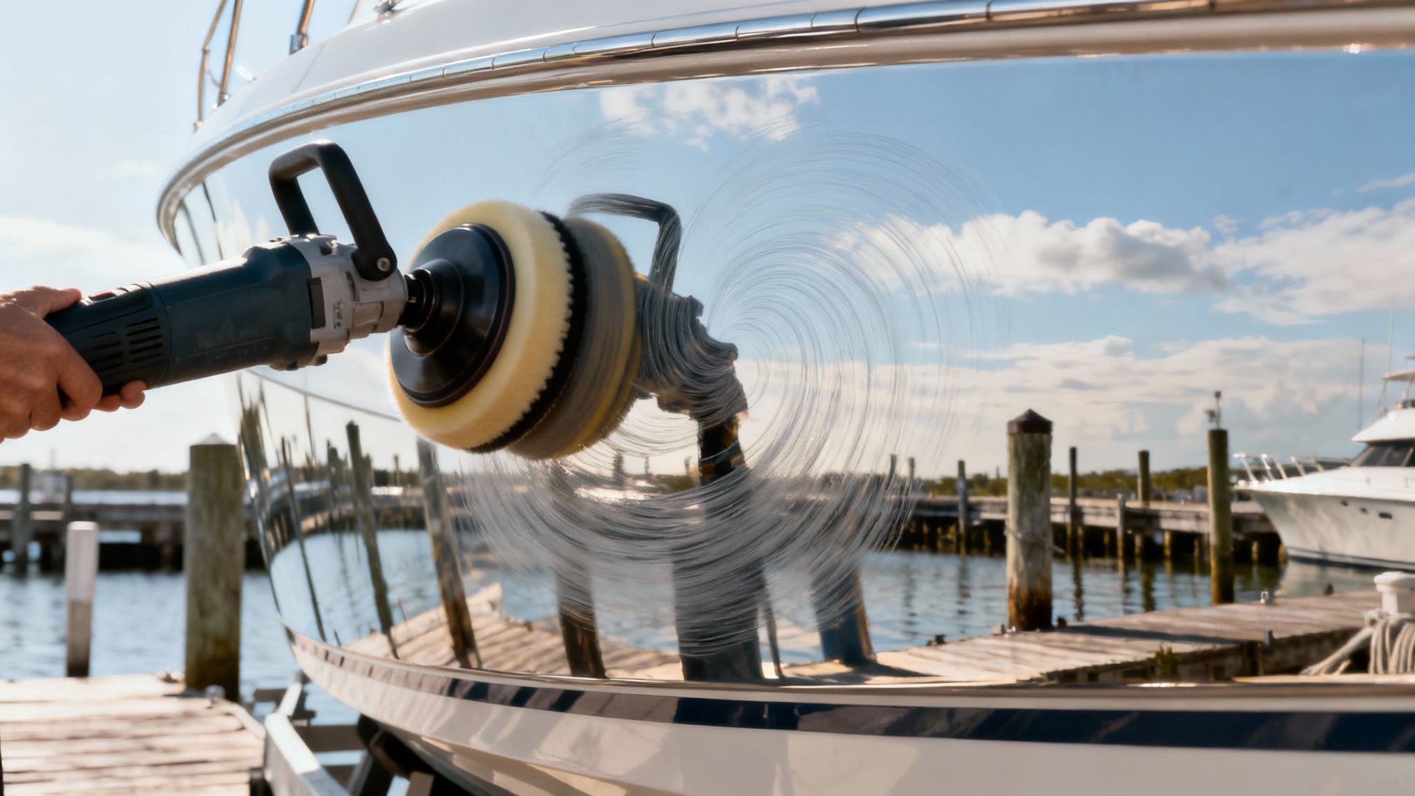 A person polishes a boat's reflective gel coat hull with a power buffer, showing swirl marks.