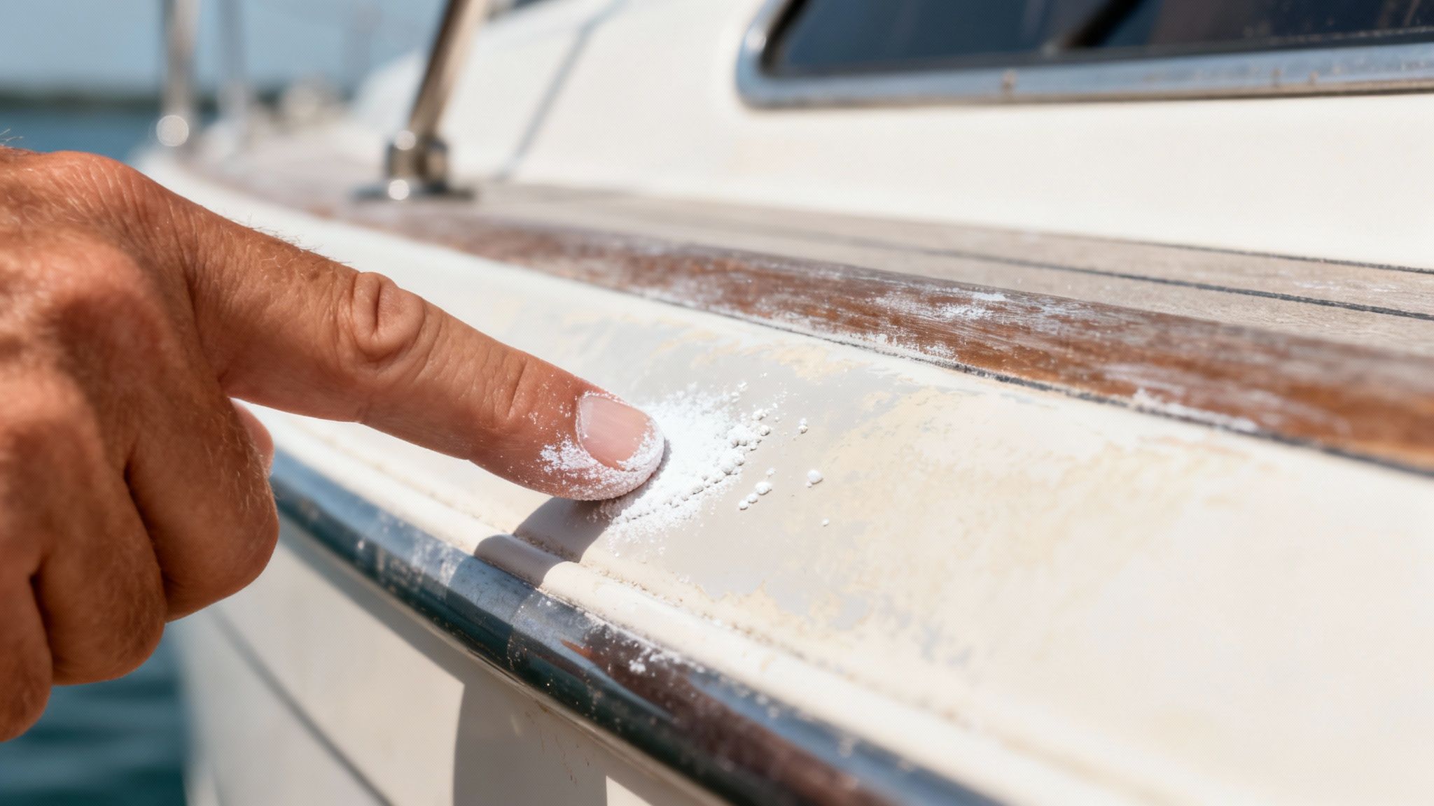 A hand touches the chalky, oxidized white gel coat of a boat, showing powder residue.