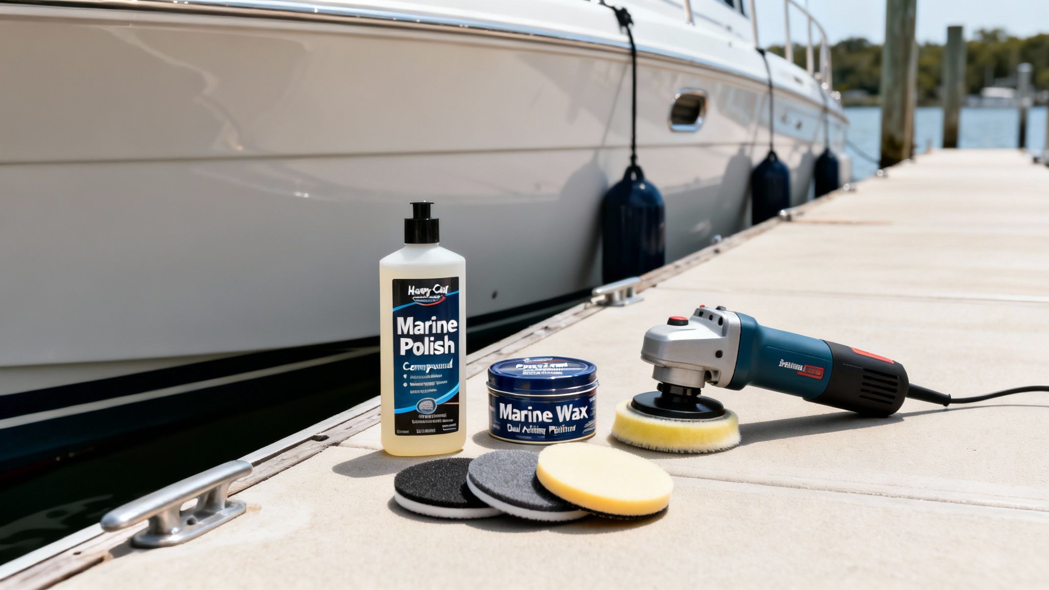 Marine polish, wax, buffer, and pads arranged on a dock next to a white boat.