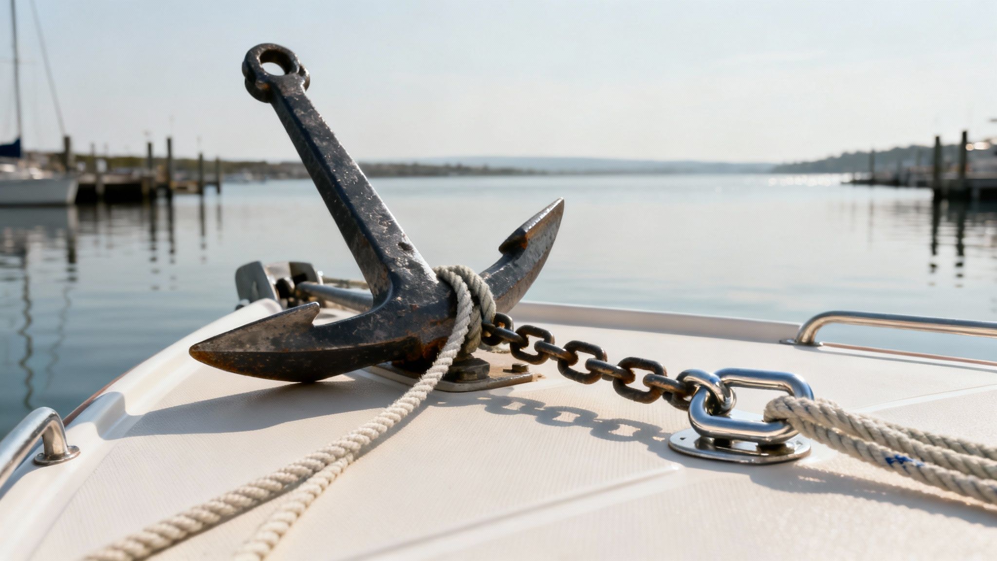 A boat anchor system with the anchor resting on the bow of a boat