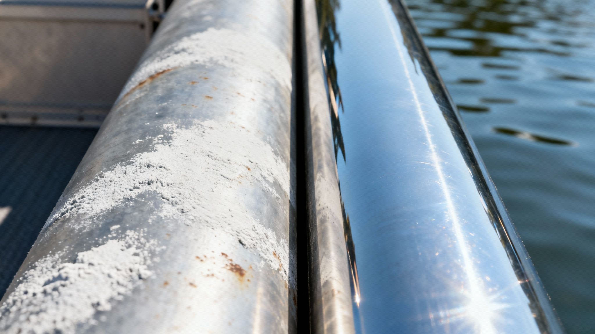 A clean aluminum pontoon boat gleaming in the sun on the water.