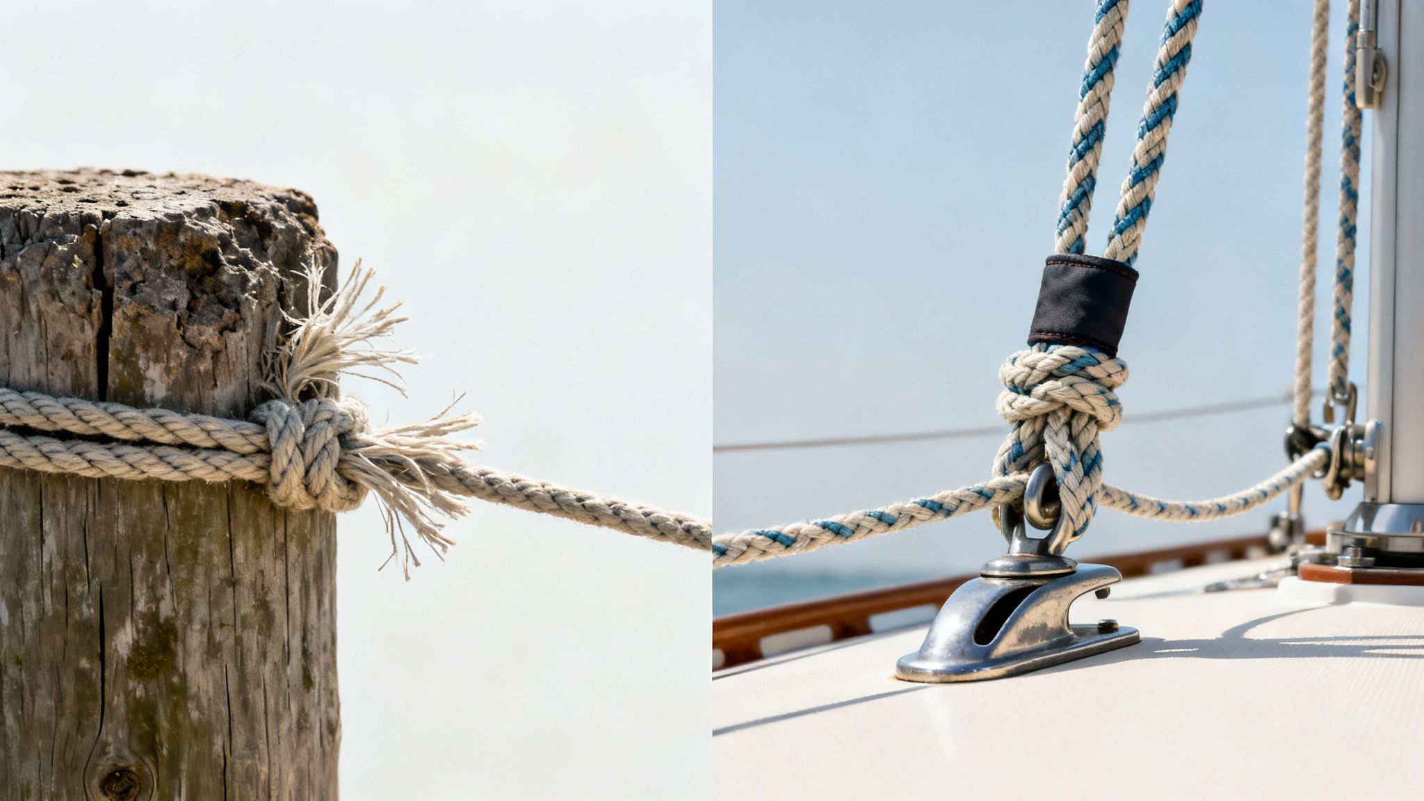 Detailed view of two different rope knots: one on a weathered wooden post, the other on a boat deck.