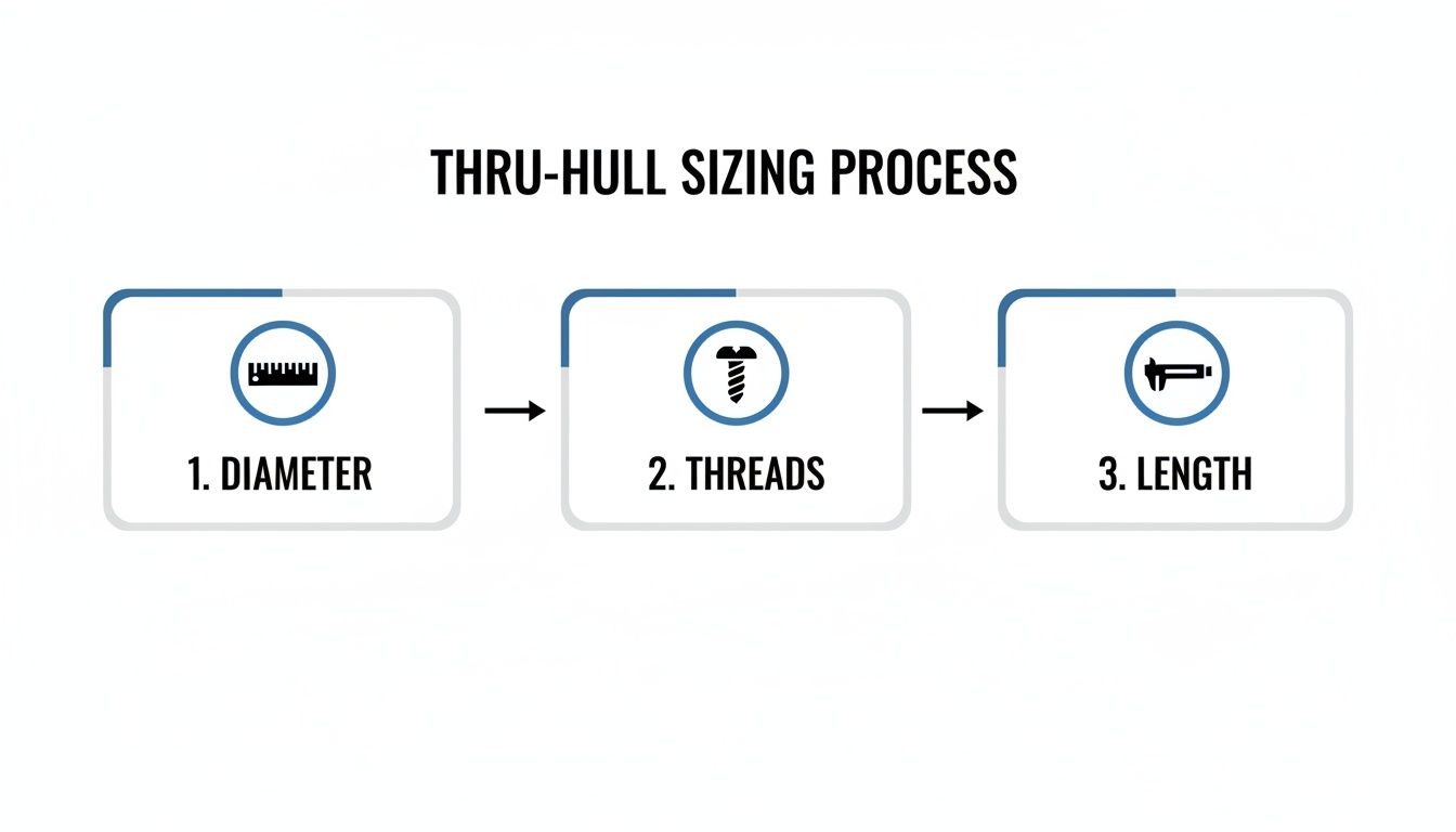 A three-step flowchart illustrating the thru-hull sizing process: 1. Diameter, 2. Threads, 3. Length.
