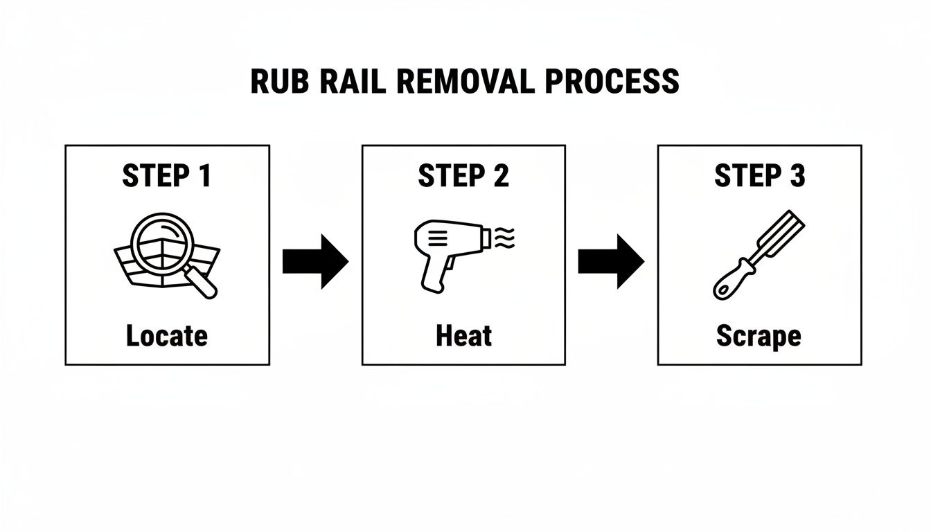 Diagram illustrating the three-step rub rail removal process: locate, heat with a heat gun, and scrape.