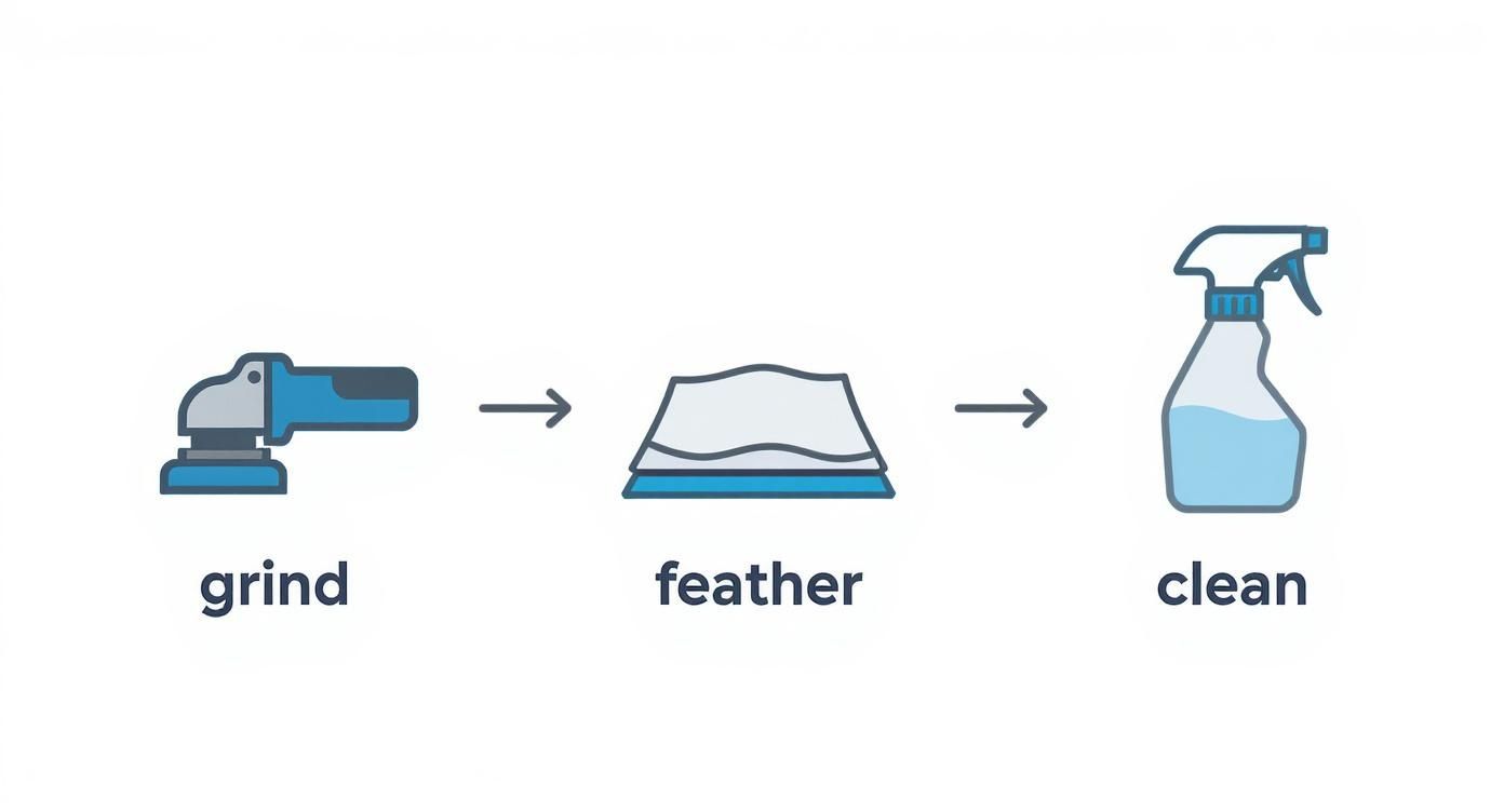 Infographic detailing the 3-step surface prep process for a boat hull repair, showing icons for grinding, feathering, and cleaning.