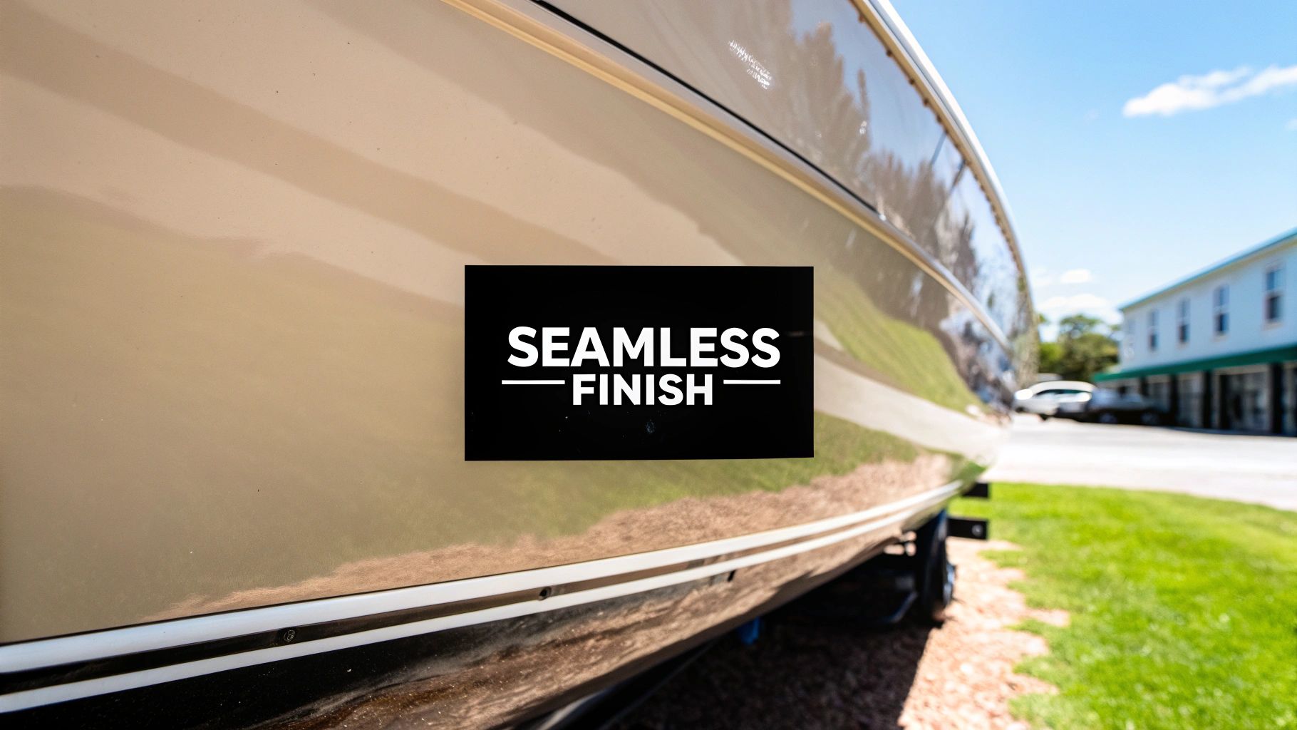 A person sanding the smooth, finished hull of a boat
