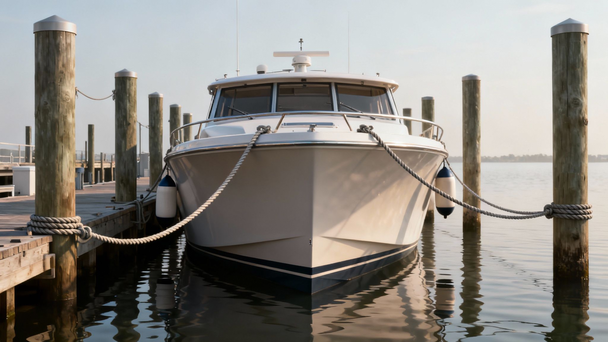 A white boat is securely tied to wooden pilings at a calm marina pier.