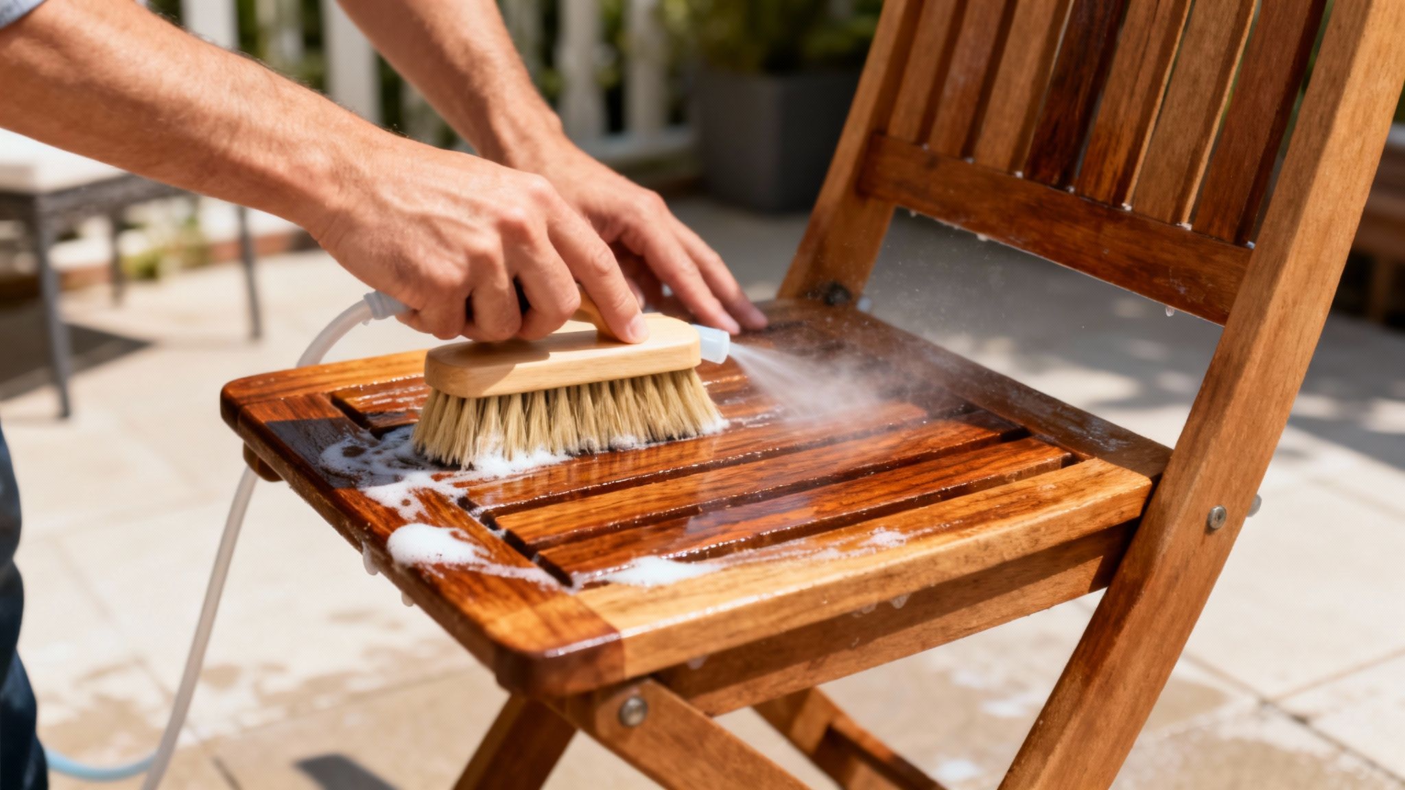 Close-up of hands scrubbing a wooden garden chair with a brush and soapy water.