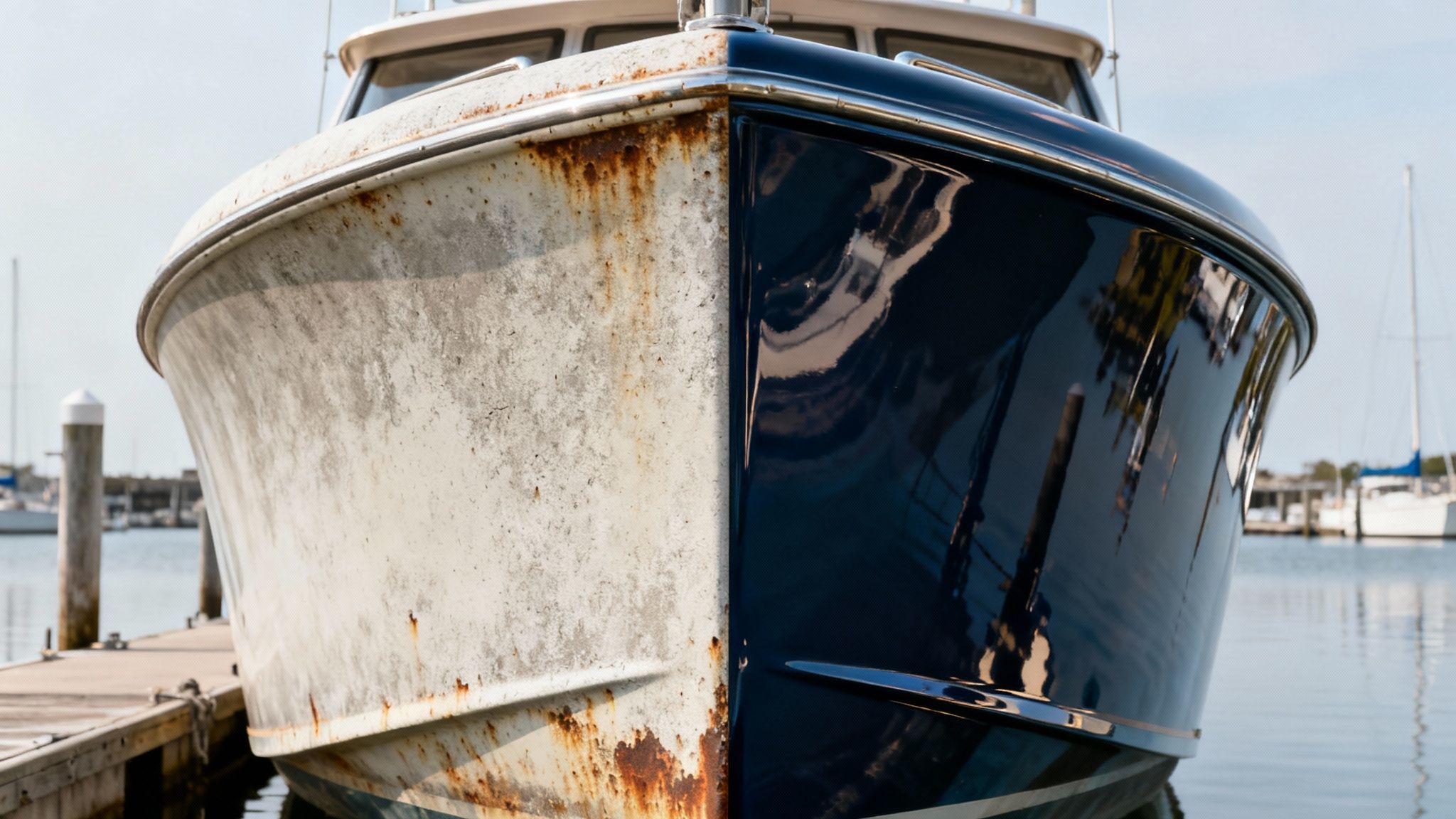 The bow of a boat, half covered in rust and oxidation, half clean and shiny, docked in a marina.
