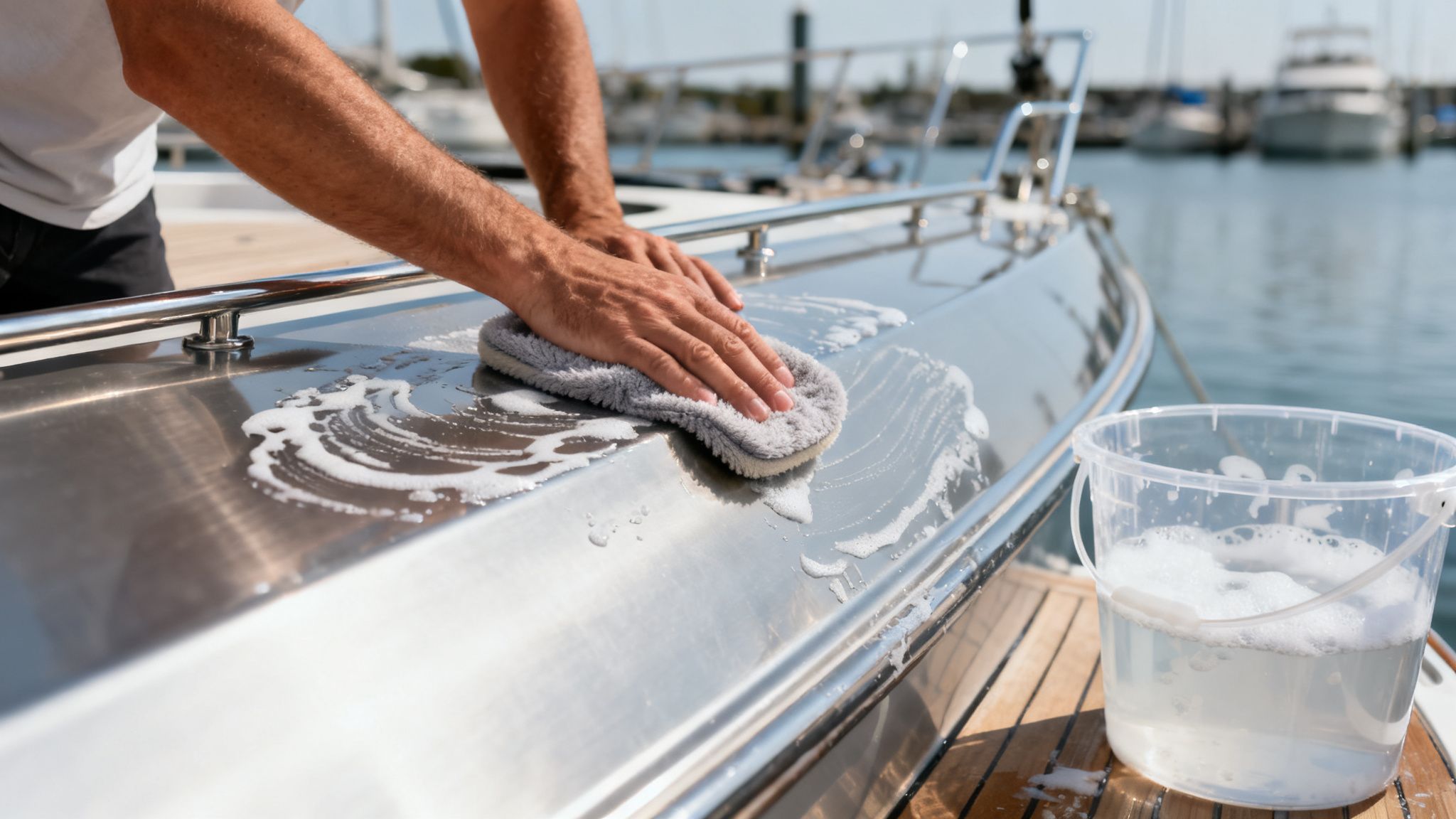 Close-up of hands cleaning a boat's aluminum surface with a sponge and soapy water.
