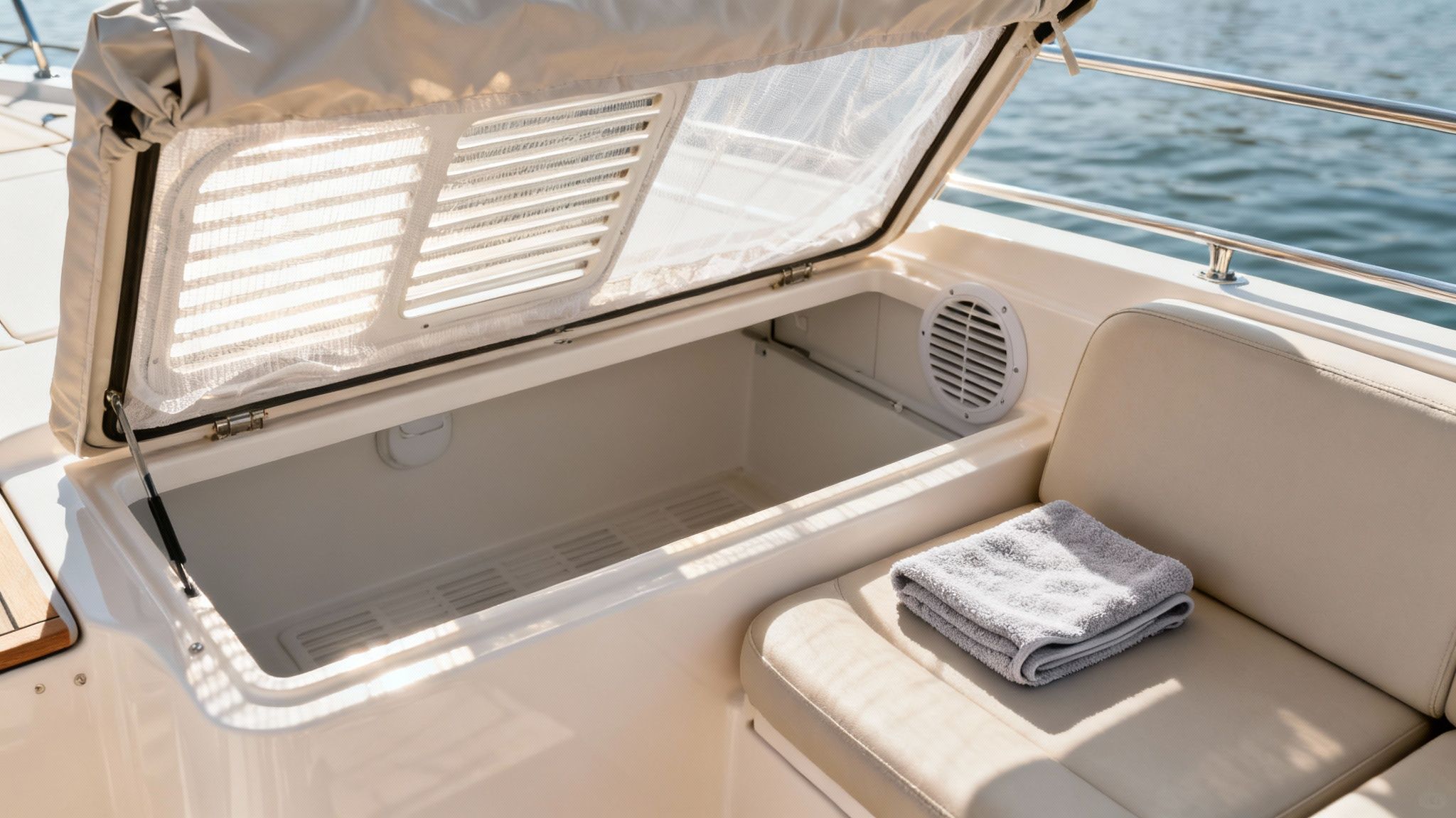 An open boat storage compartment with a beige seat and a folded grey towel on a sunny day.