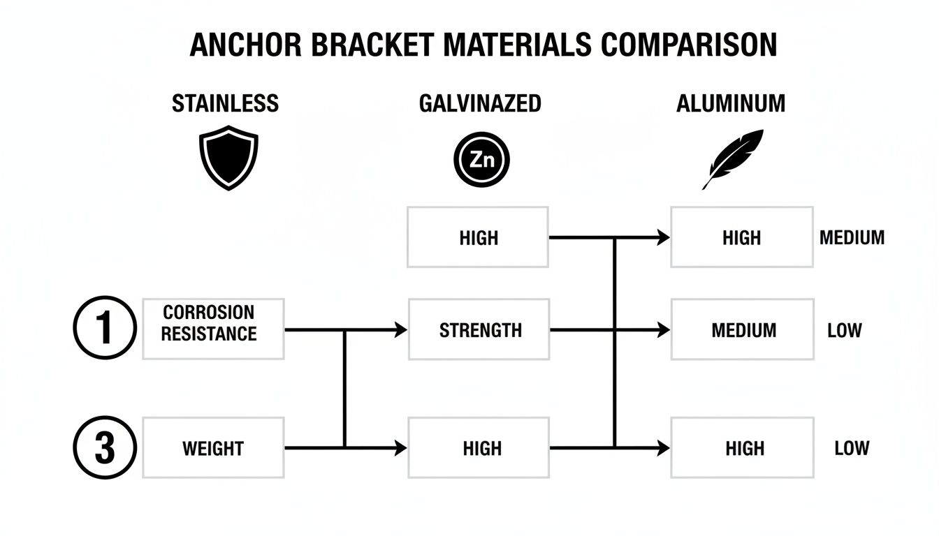 Infographic comparing anchor bracket materials: Stainless, Galvanized, and Aluminum, based on corrosion resistance, strength, and weight.