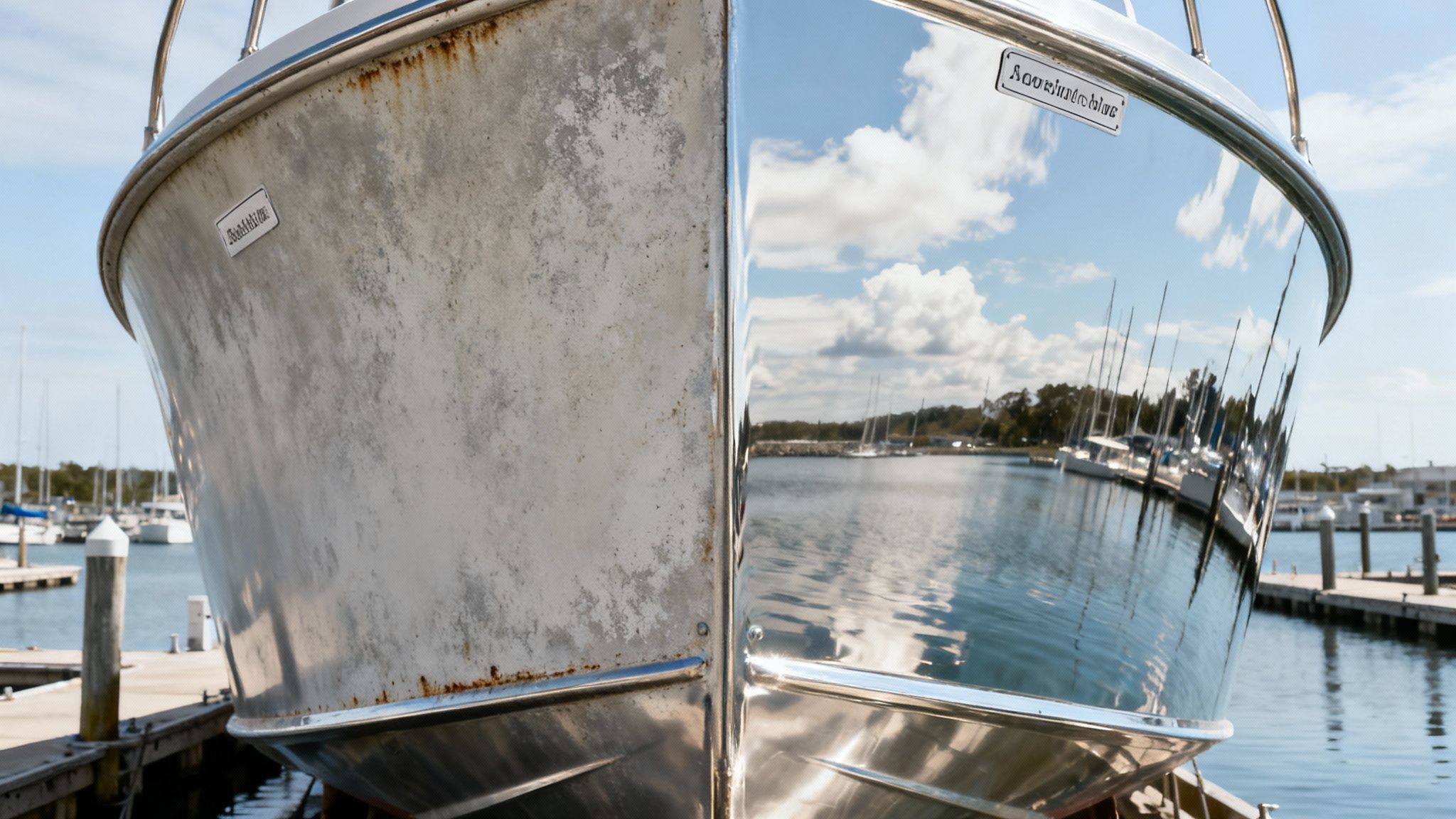 A boat's hull reveals a before-and-after contrast: dull, weathered aluminum versus polished, reflective aluminum.