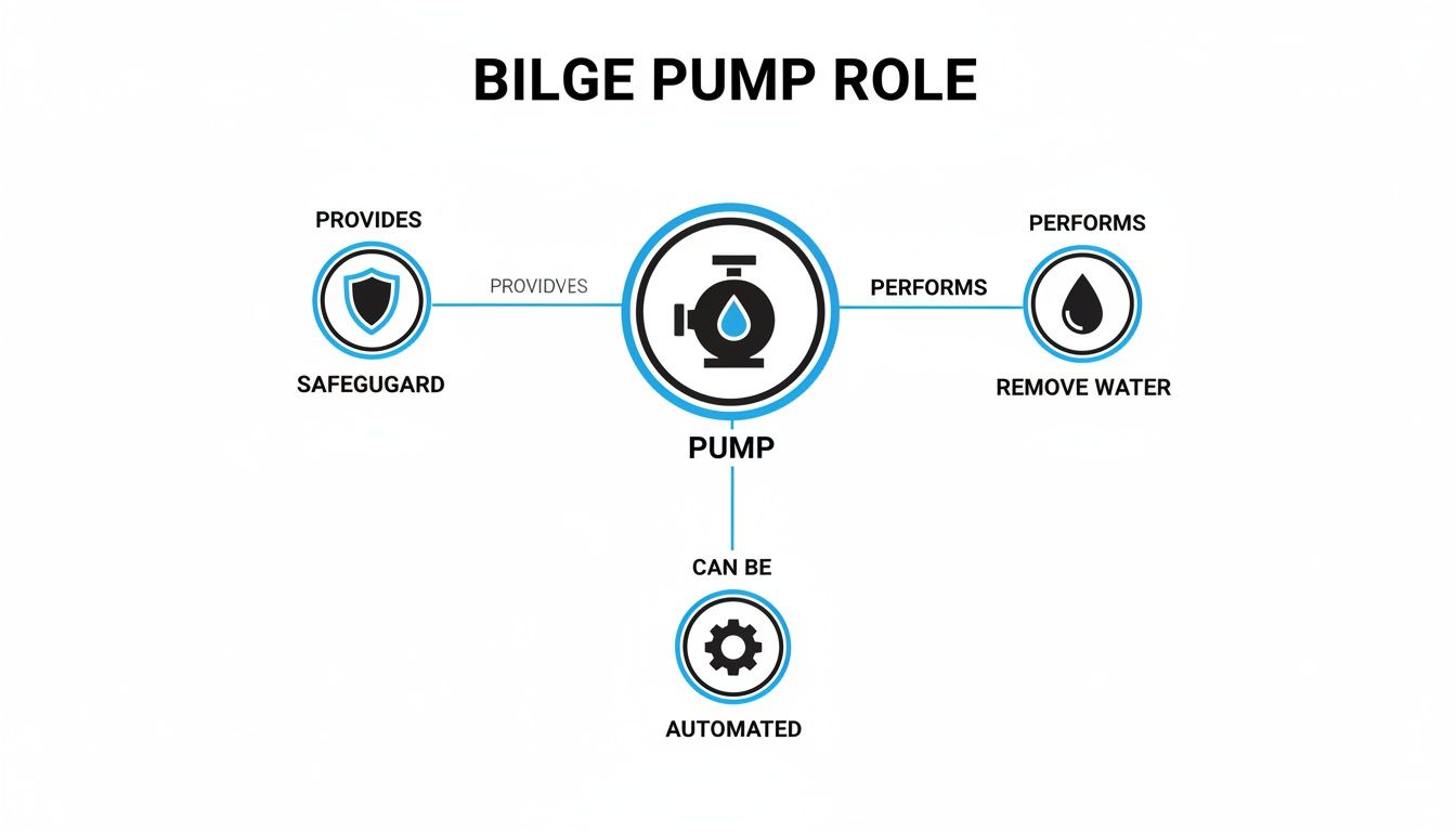 A diagram illustrating the role of a bilge pump, showing it provides safeguard, removes water, and can be automated.