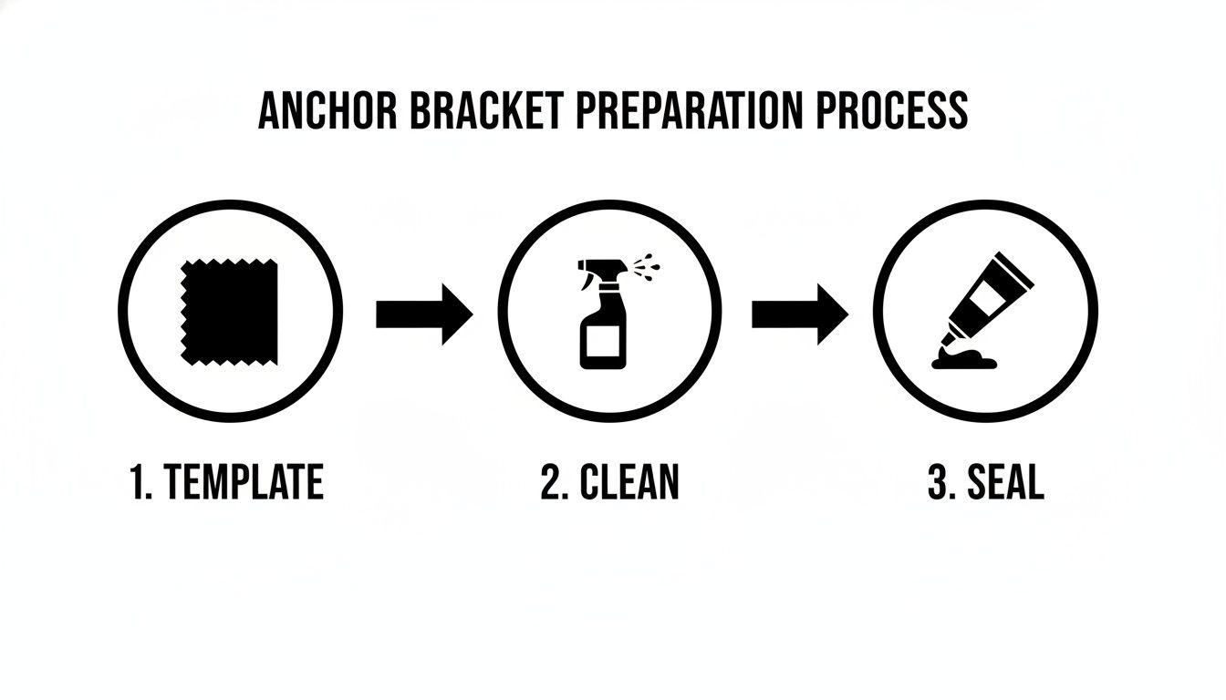 Three-step process diagram for anchor bracket preparation: template, clean with spray, and seal with a tube.