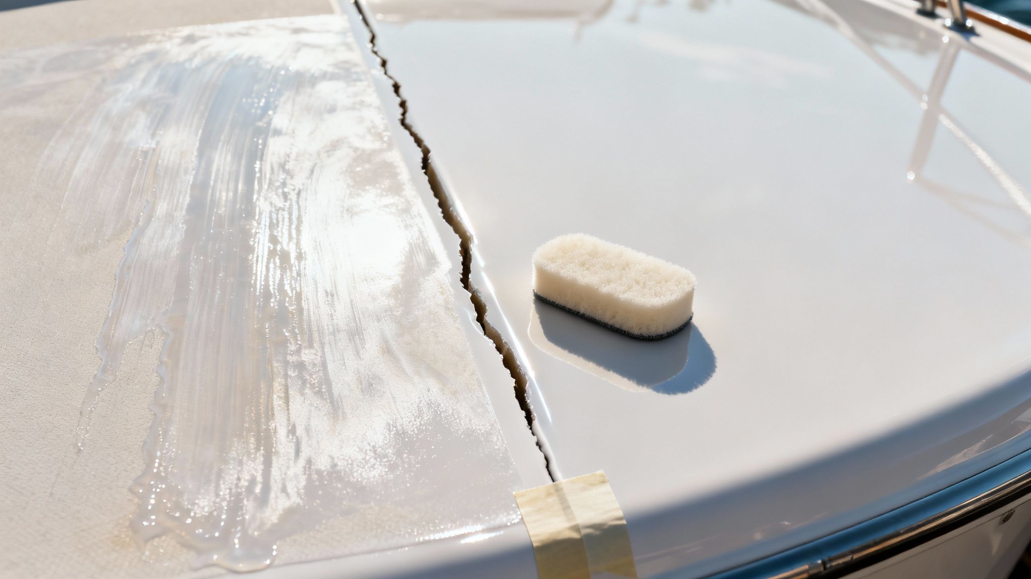 A person waxing a boat by hand, applying pressure in a circular motion.
