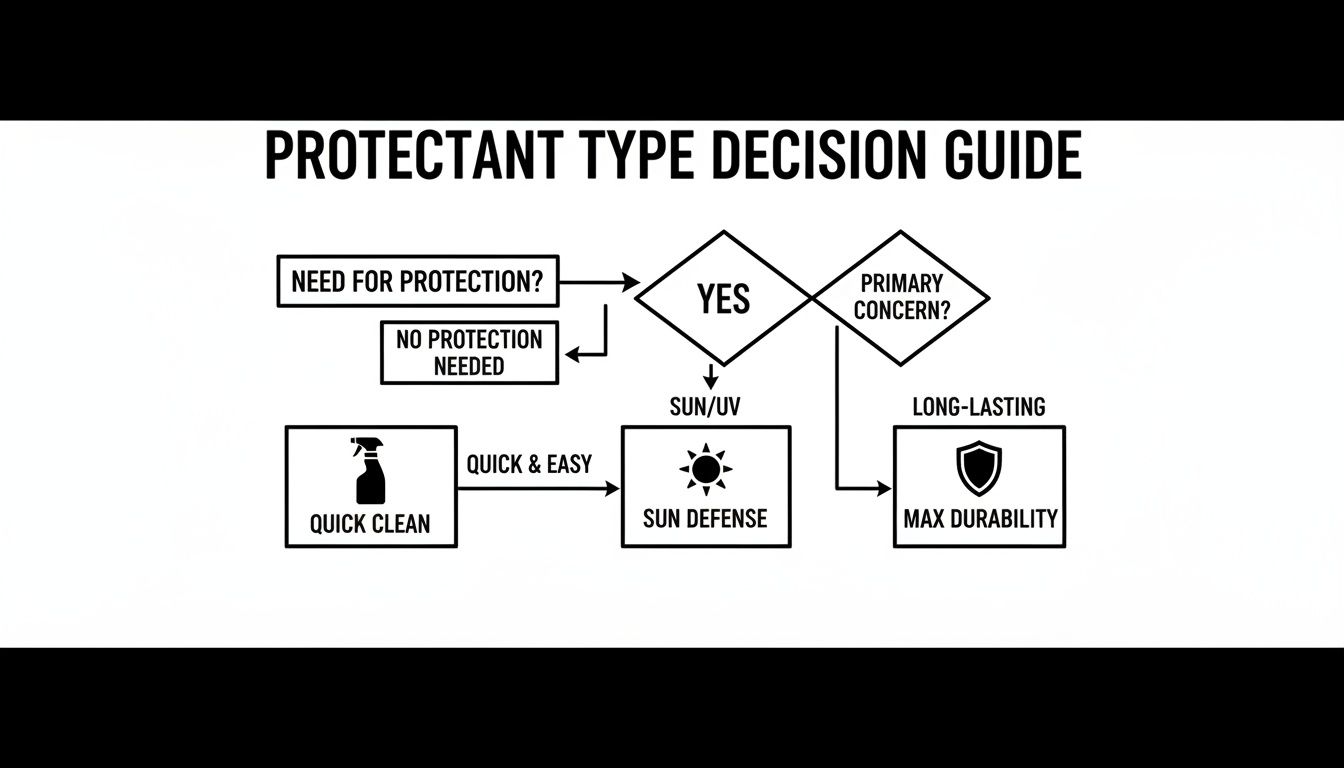 Decision guide flowchart for selecting protectant types based on protection need, sun/UV, or durability.