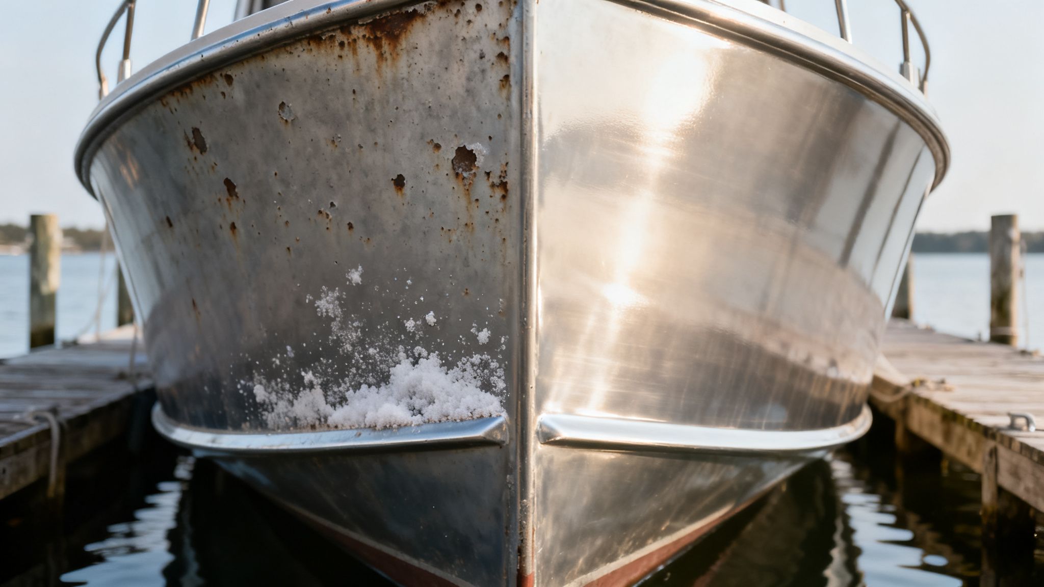 Close-up of an aluminum boat bow at a dock, one side corroded, the other shiny.
