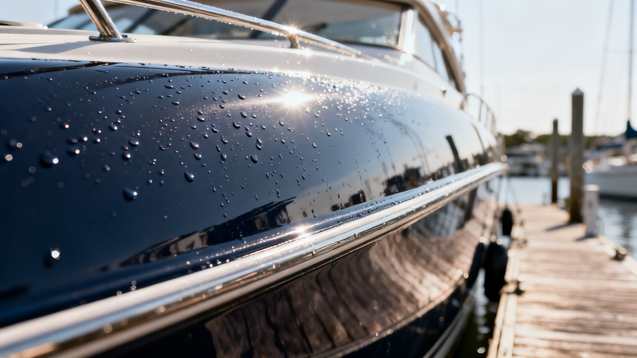 Sunlight glints off water droplets on the glossy blue hull of a boat in a marina.