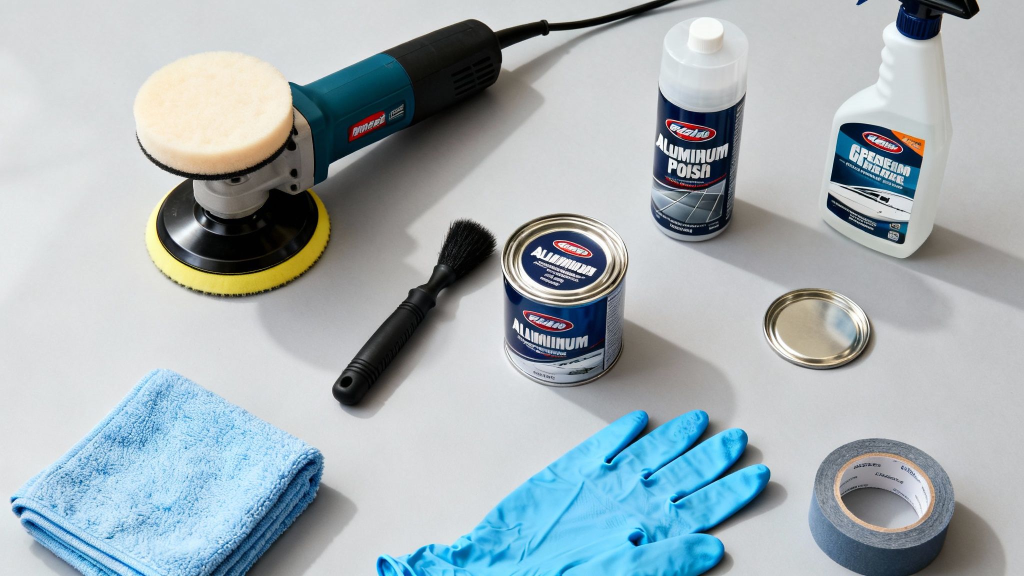 A collection of boat detailing tools including a polisher, aluminum polish, cleaner, brush, gloves, and towel.