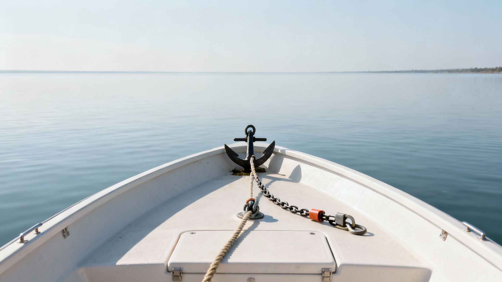 A boat anchor system with the rope neatly coiled on the deck of a boat.