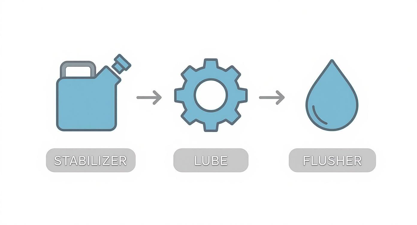 Diagram illustrating the steps of winterizing an outboard motor: stabilizer, lube, and flusher.