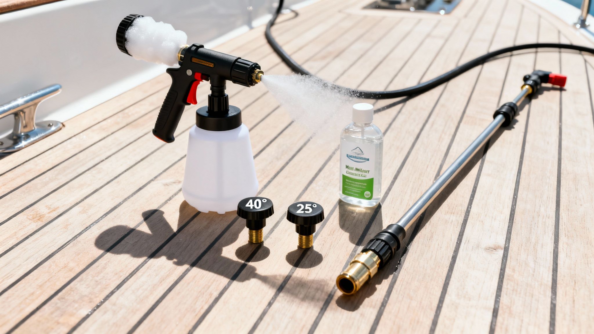 Boat cleaning kit featuring a foam cannon spraying foam, spray nozzles, and an extension wand on a teak deck.