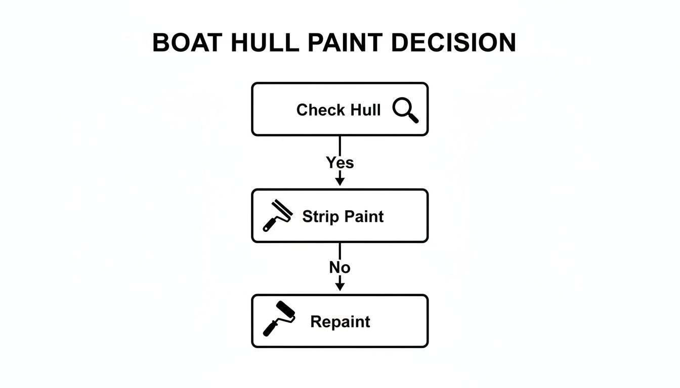 Flowchart illustrating the boat hull paint decision process, from checking the hull to stripping or repainting.
