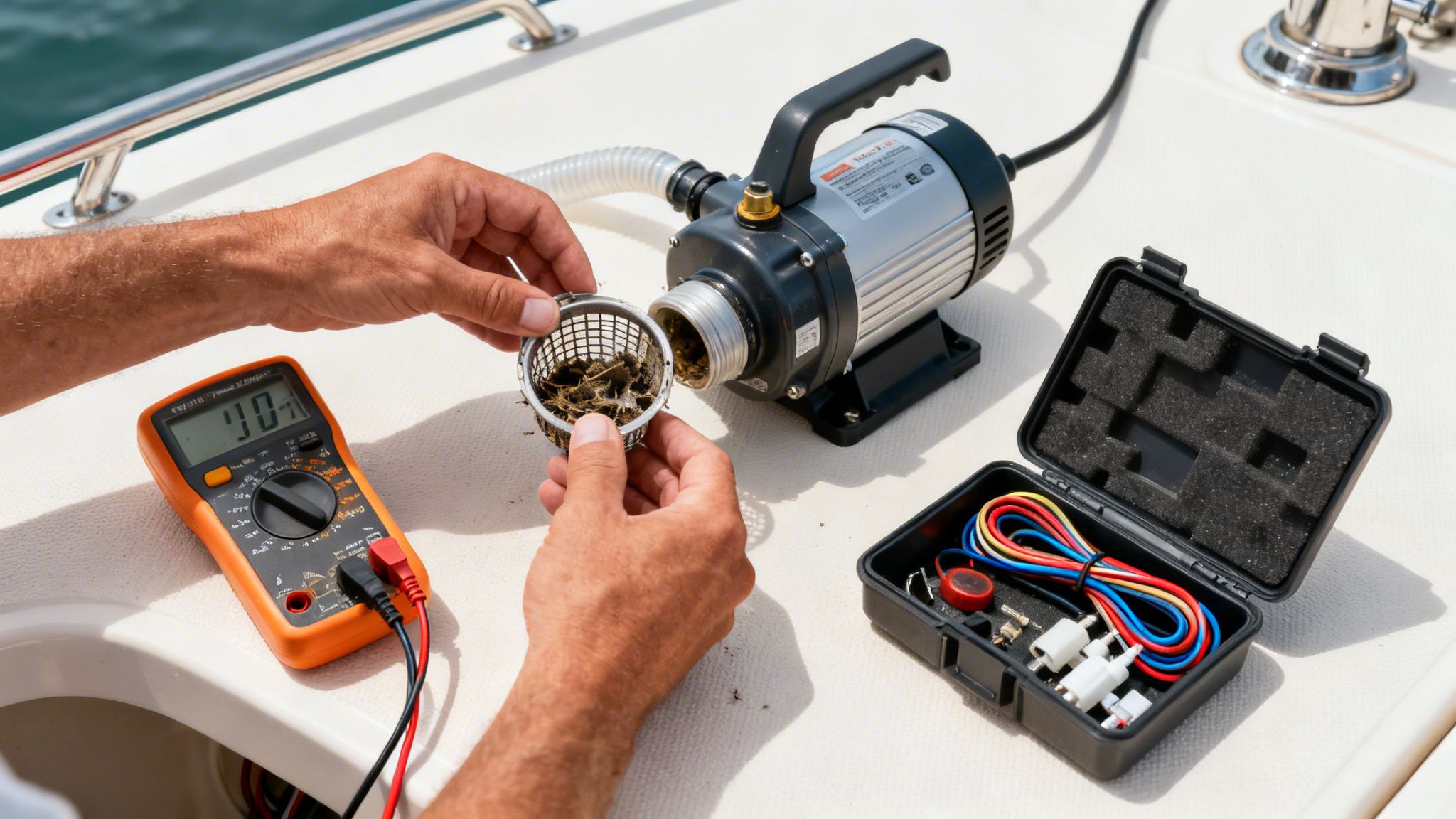 Hands remove a dirty filter from a boat washdown pump, next to a multimeter and electrical kit.