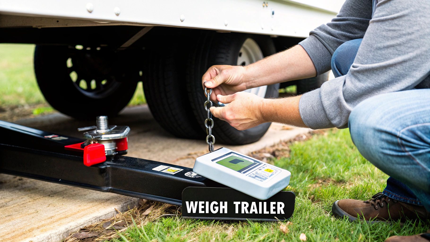 Man measuring the tongue weight of a boat trailer with a specialized scale.