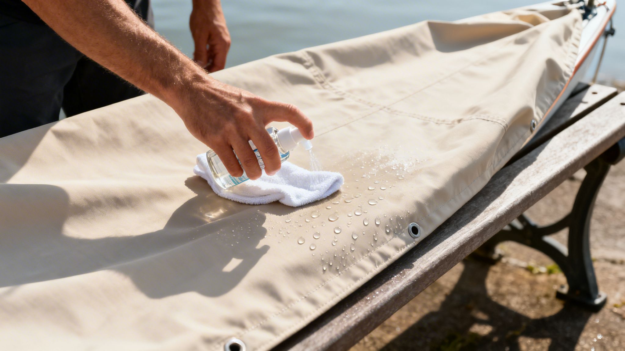 A person's hand sprays cleaning liquid onto a beige boat canvas on a wooden bench.