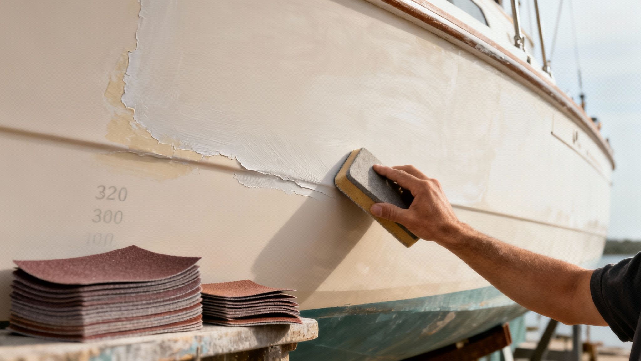 A person's hand uses a sanding block to smooth epoxy filler on a boat hull.