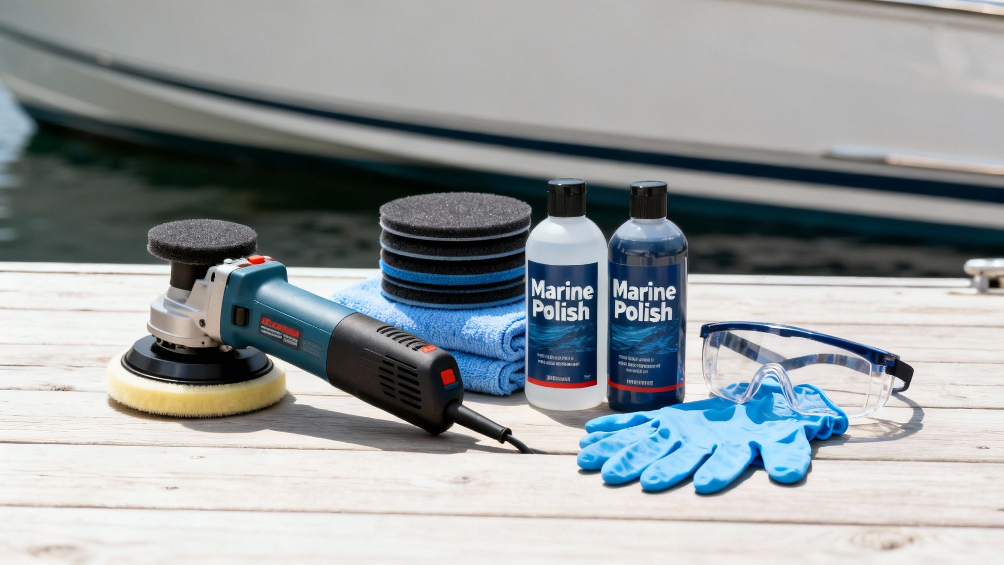A collection of boat cleaning and polishing supplies, including bottles, brushes, and microfiber towels, arranged neatly on a wooden dock.
