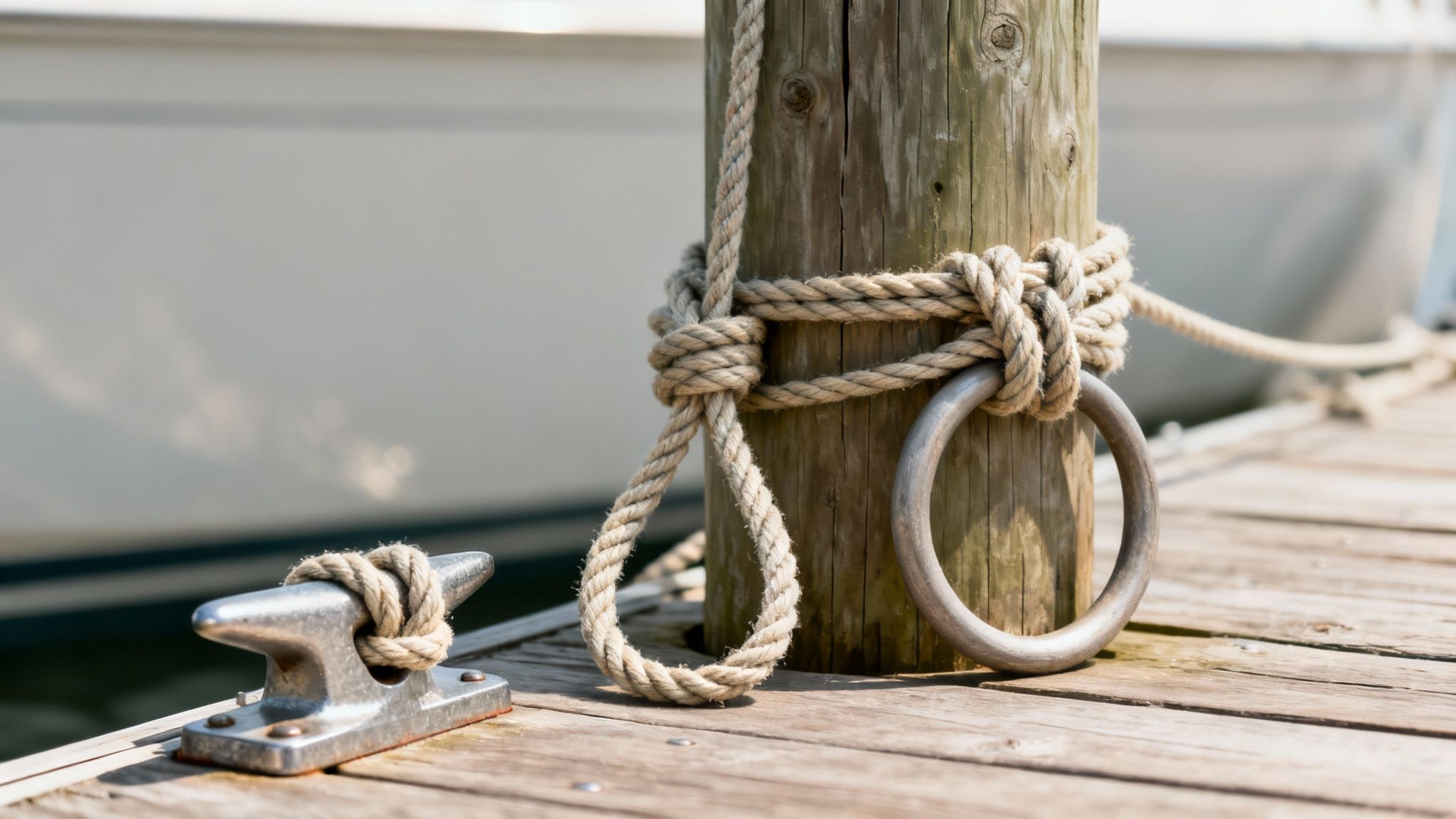 Close-up of boat mooring lines tied to a weathered wooden dock post and a metal cleat, with a boat in the background.