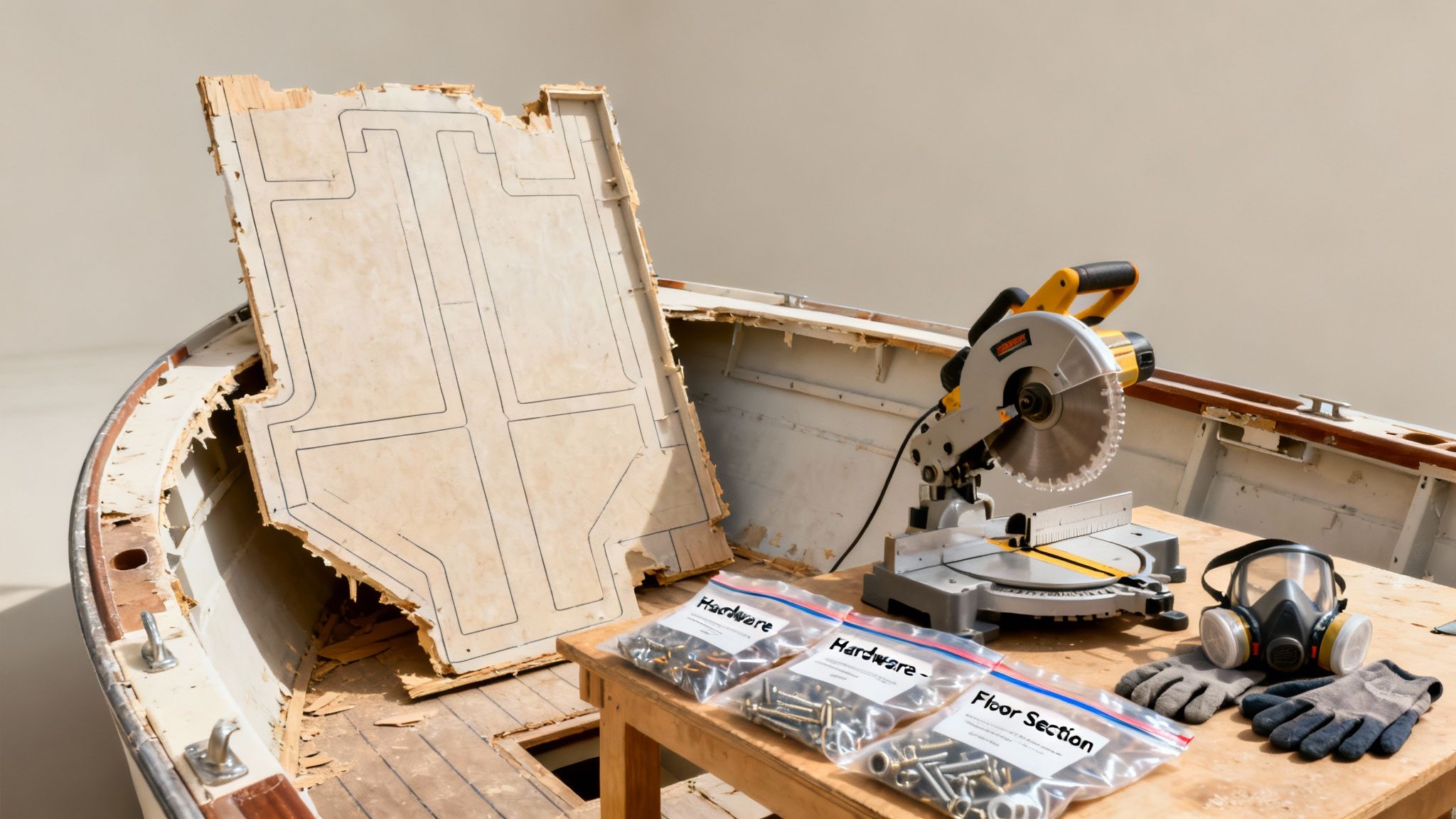 Tools and hardware on a table next to a boat undergoing floor replacement and repair.