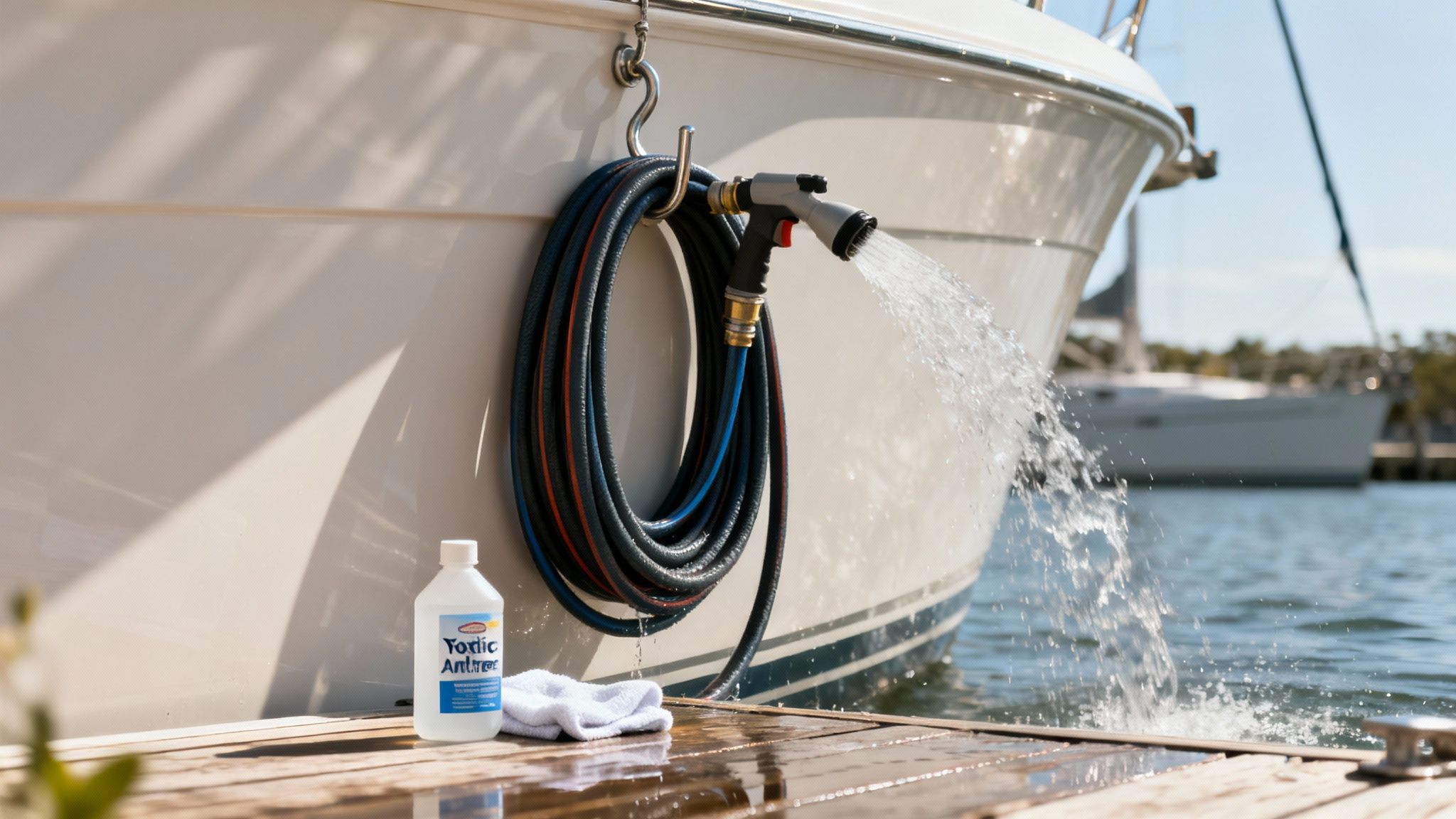 A boat washdown hose sprays water from a white boat. A cleaning bottle and towel are on the dock.