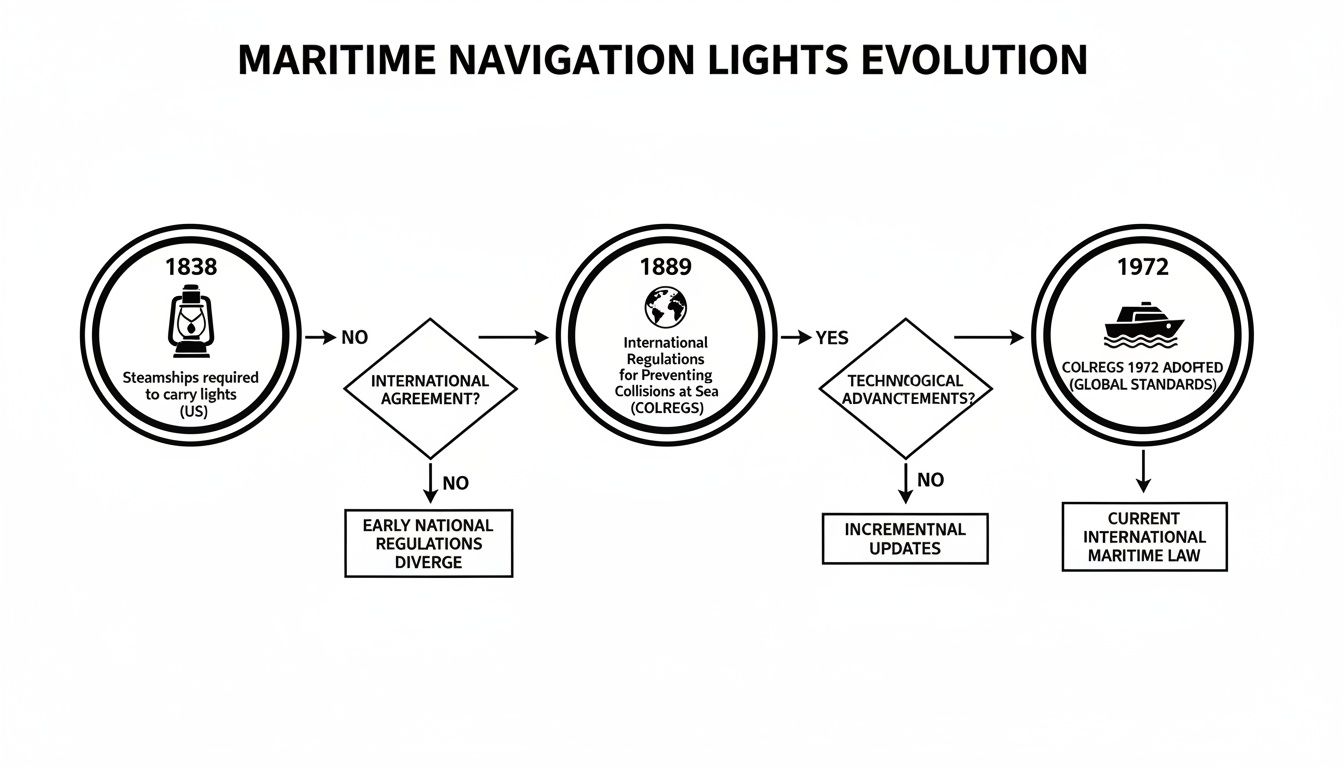 Flowchart showing the evolution of maritime navigation light regulations from 1838 to 1972 global standards.