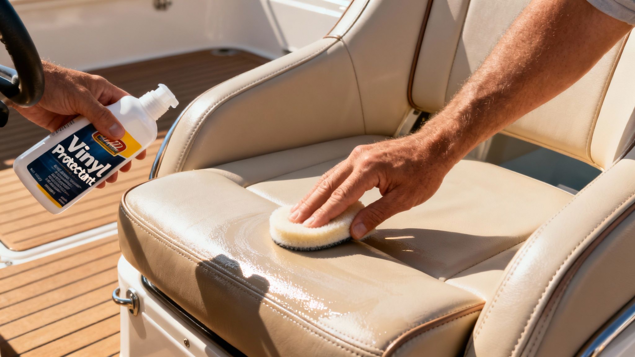 A person applies vinyl protectant with a sponge to a beige boat seat on a sunny day.