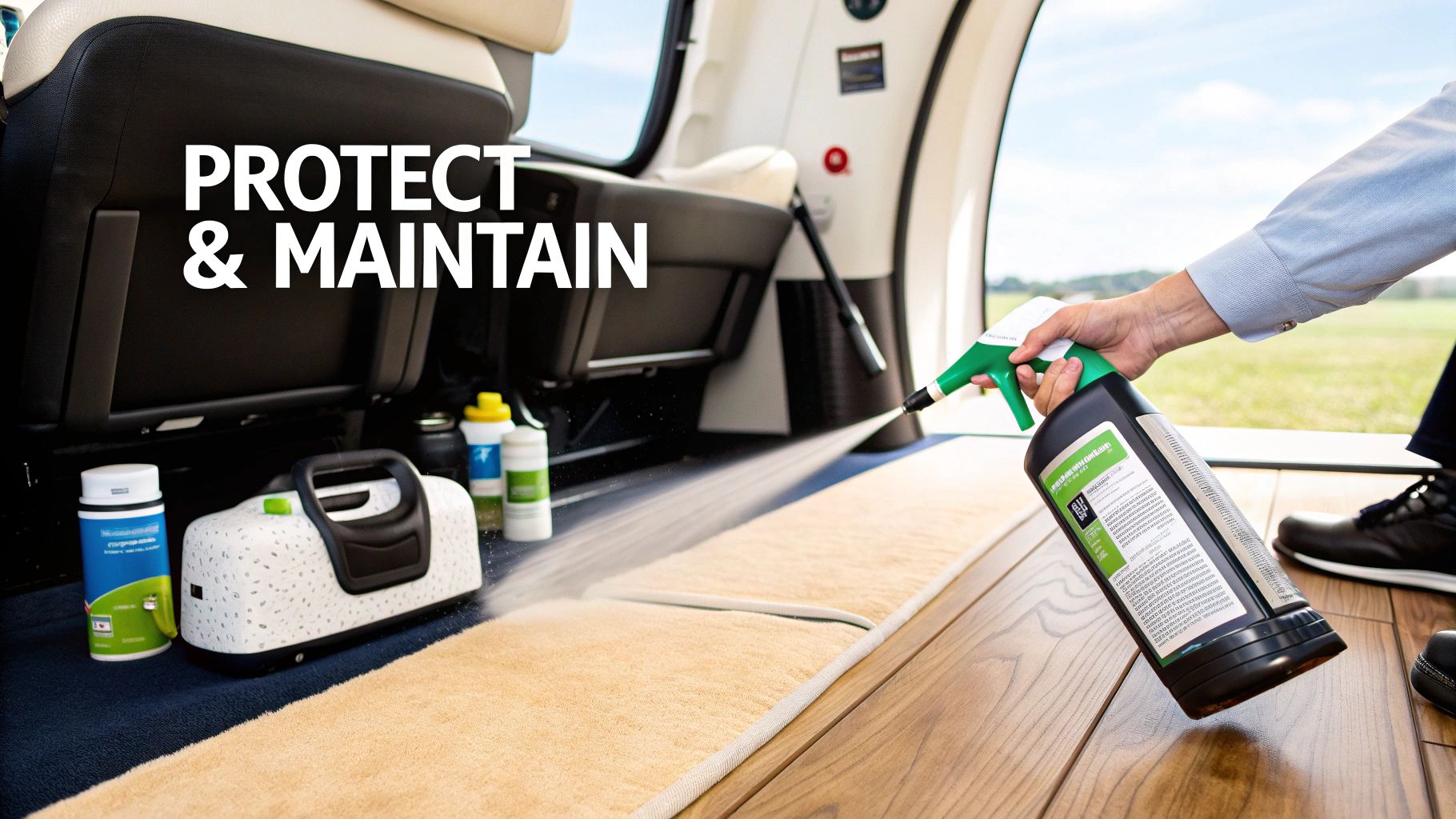 A person spraying a protective coating on a clean, dry boat carpet.