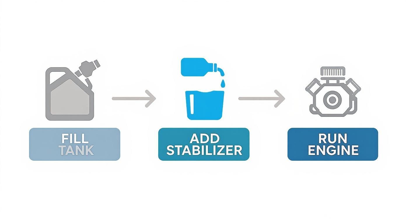 Three-step process diagram showing filling a tank, adding stabilizer, then running the engine.