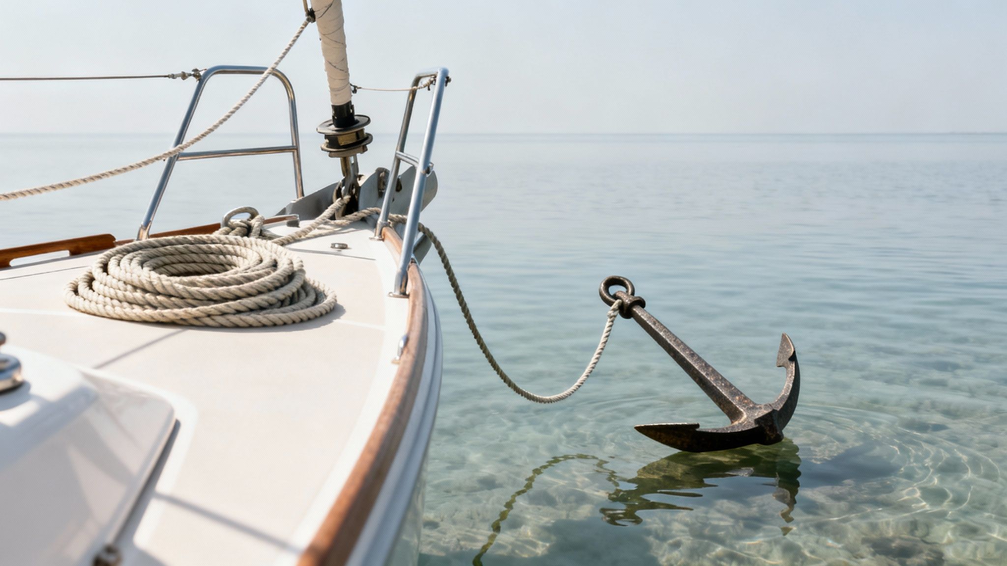 Close-up of a sailboat's bow with coiled rope on deck and a heavy anchor submerged in clear, shallow water.