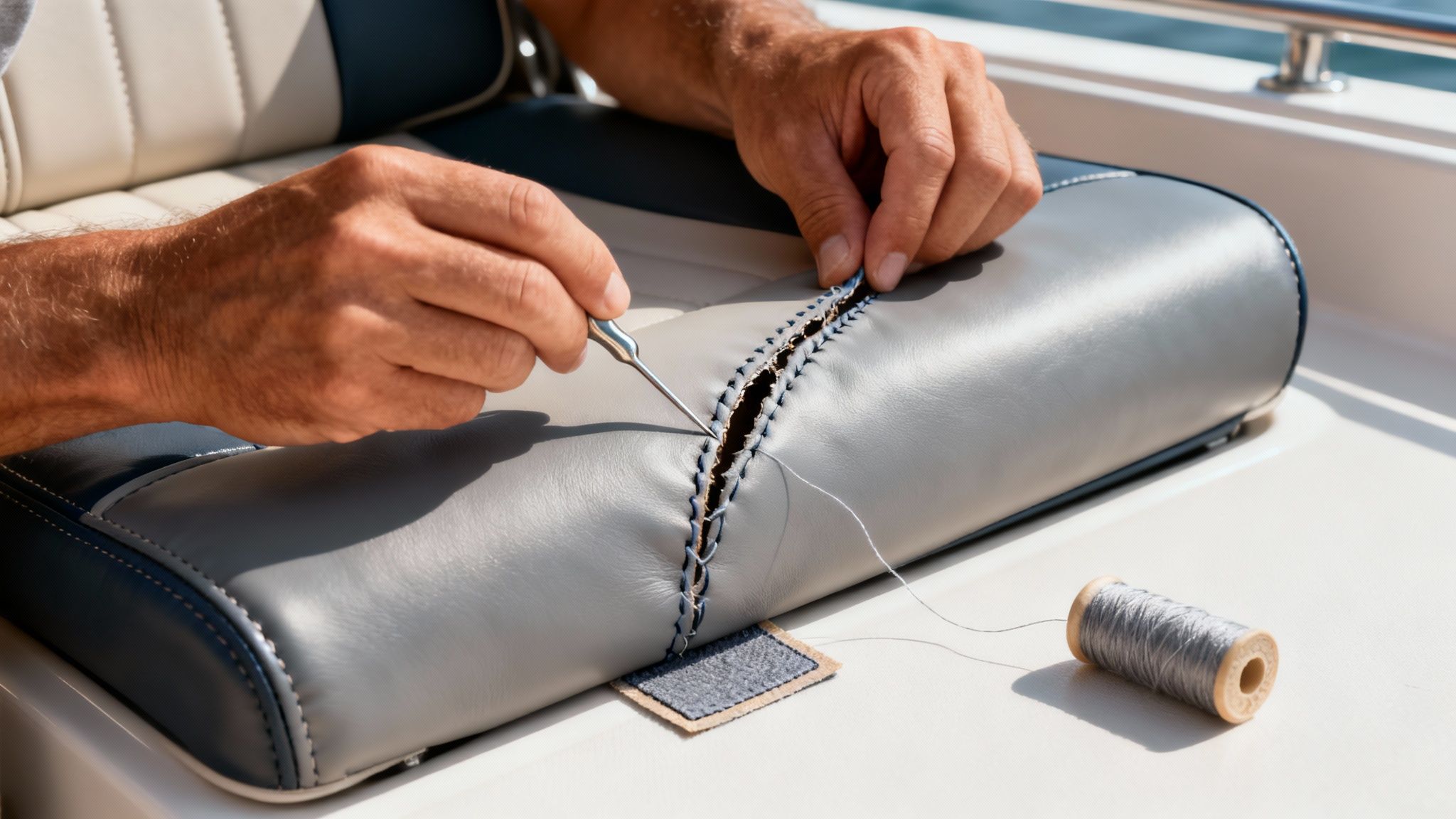Close-up of hands repairing a ripped gray vinyl boat seat using a sewing tool and thread.