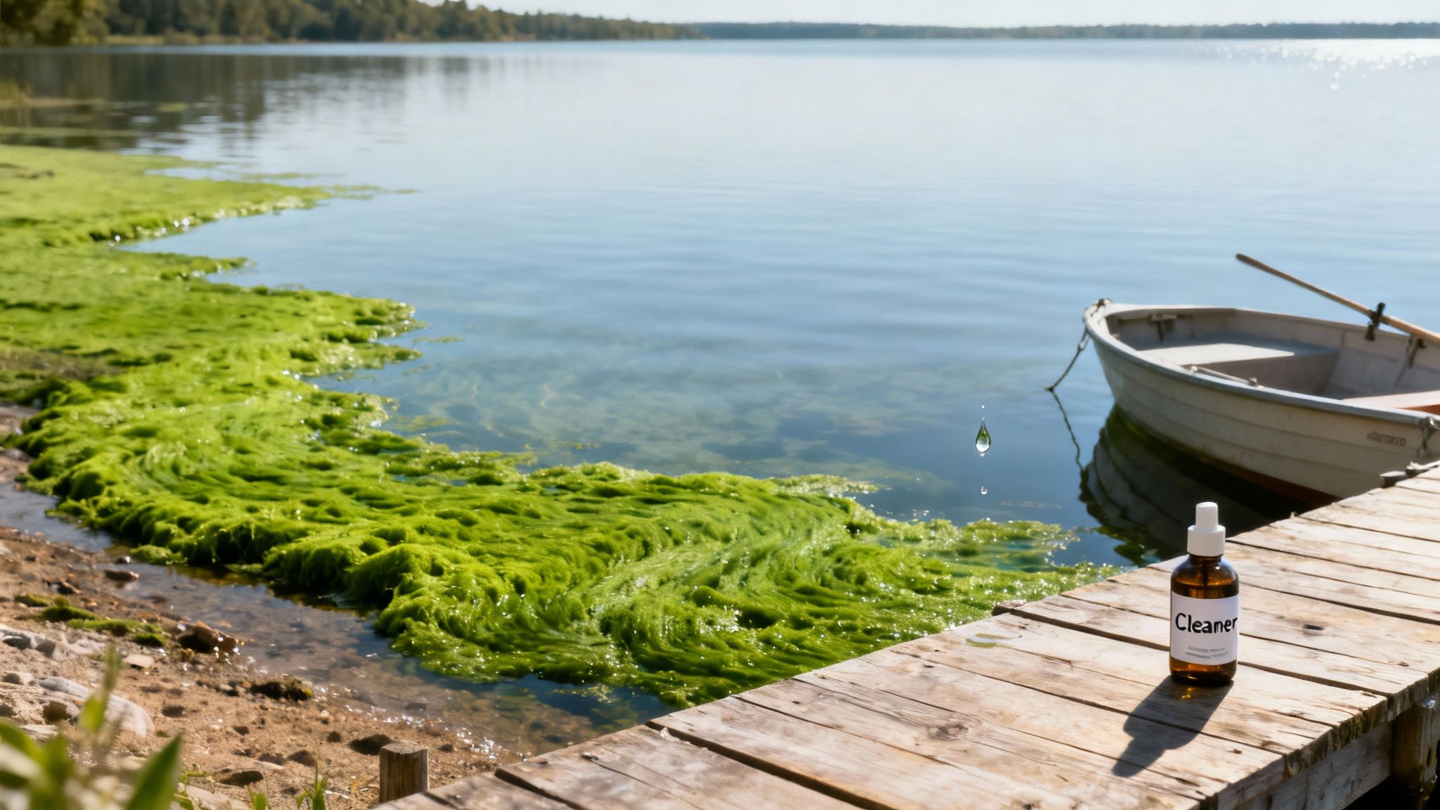 A bottle of cleaner sits on a wooden pier next to a serene lake covered in green algae, with a small boat nearby.