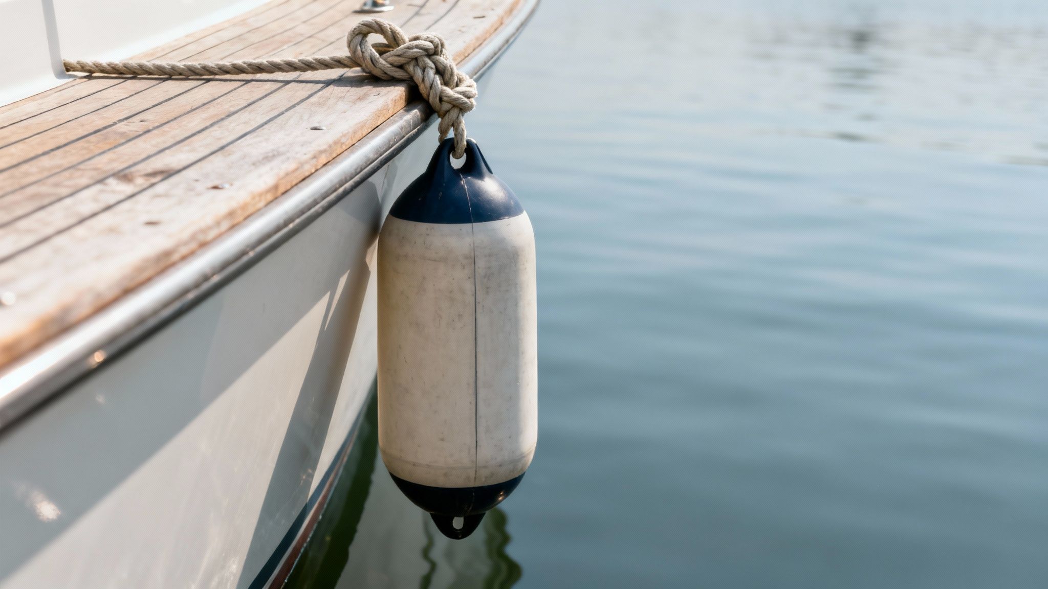 A white and blue boat fender hangs from a knotted rope on the side of a boat with water.