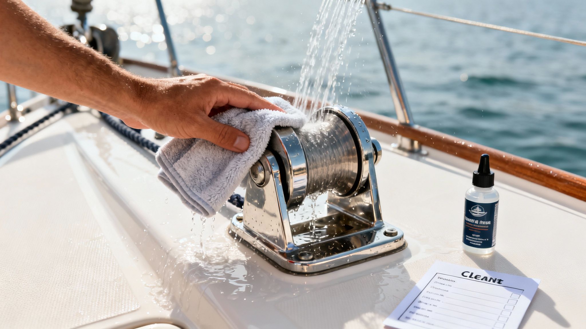 A person's hand cleaning a shiny boat anchor holder with a cloth and water on a sunny day.