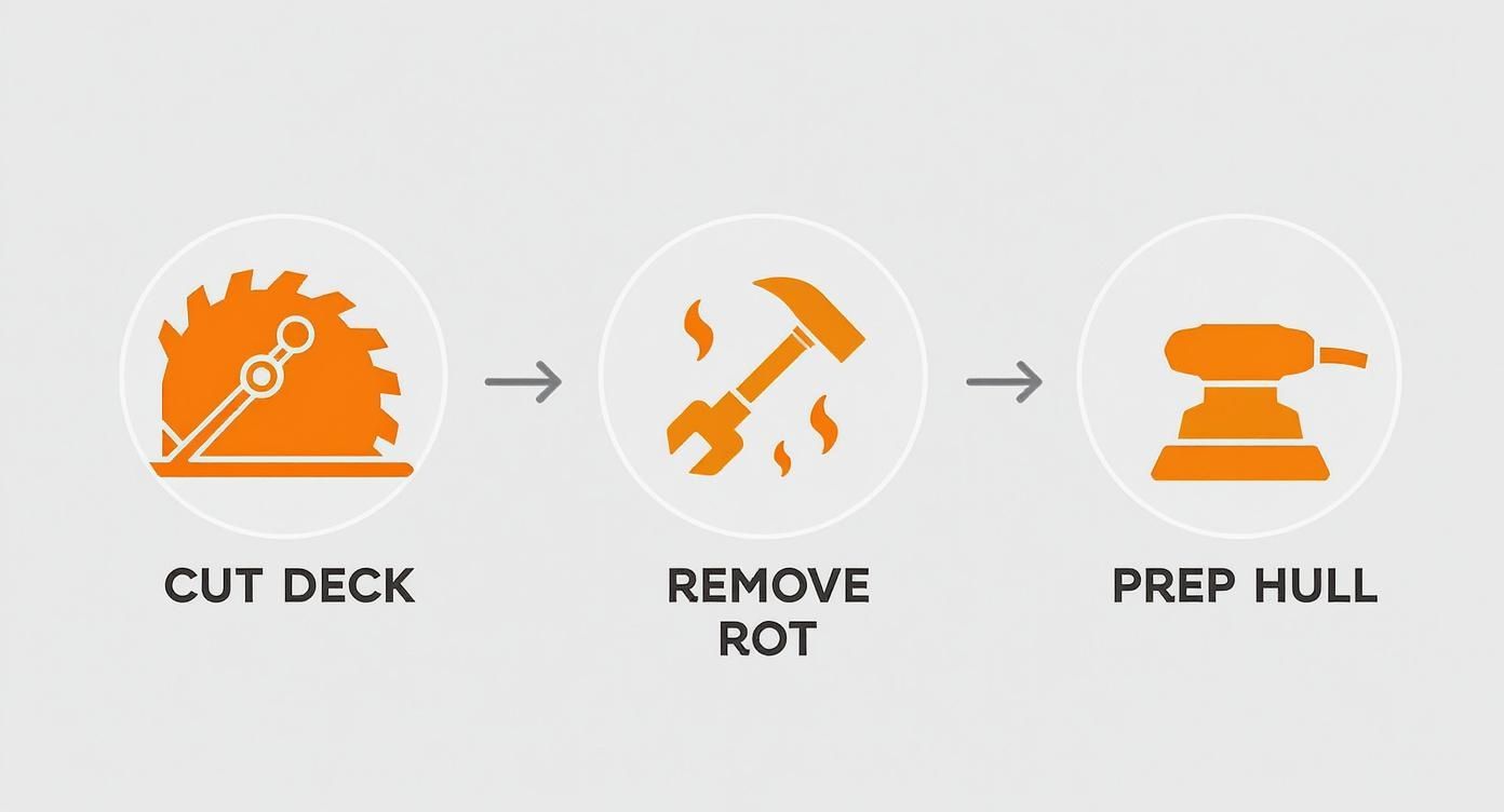 Three-step boat repair process: cut deck, remove rot, and prep hull, illustrated with tools.