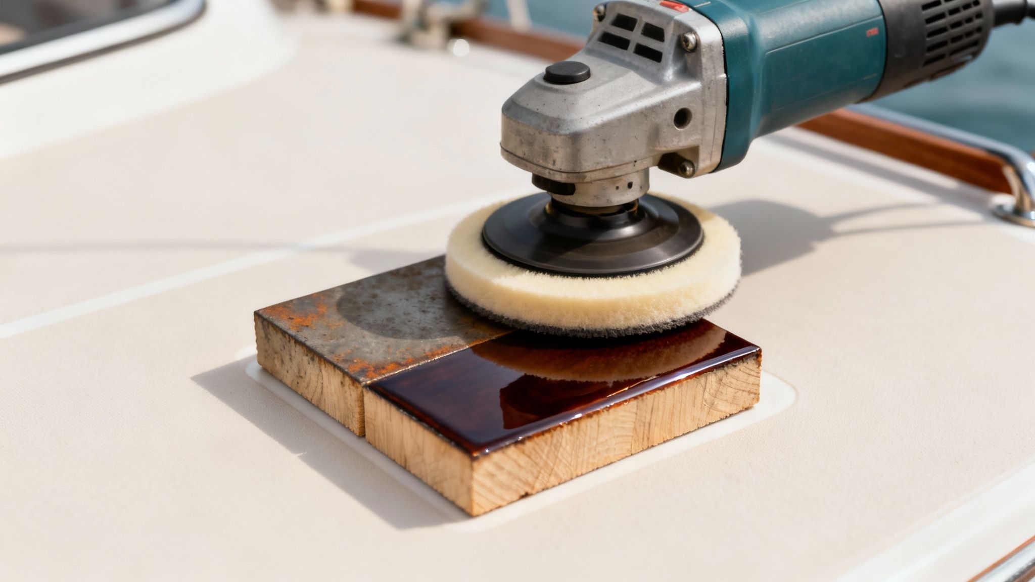 A person using a power buffer to polish the side of a boat's hull.
