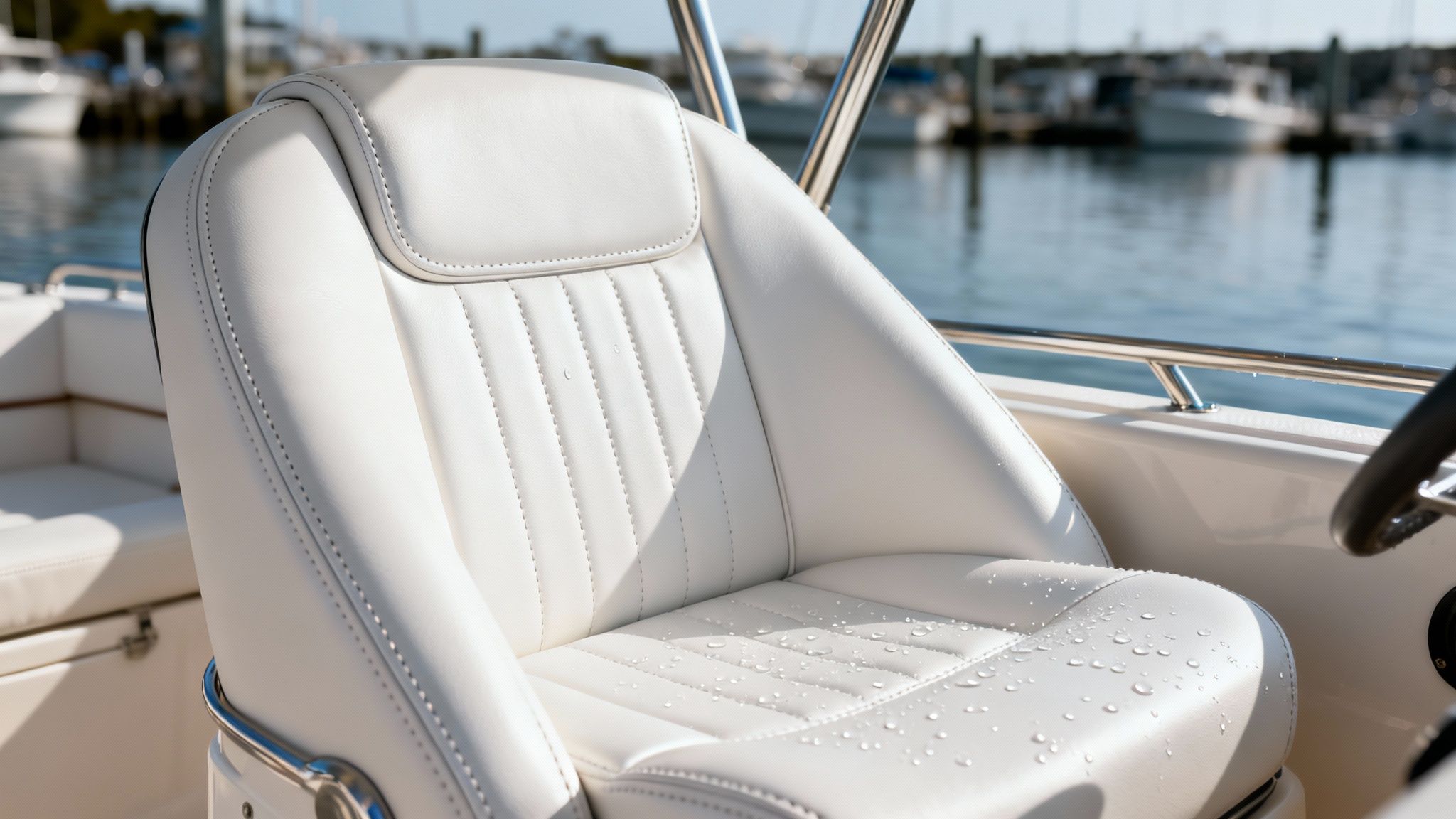 Close-up of a white marine vinyl boat seat with water droplets, overlooking a marina.