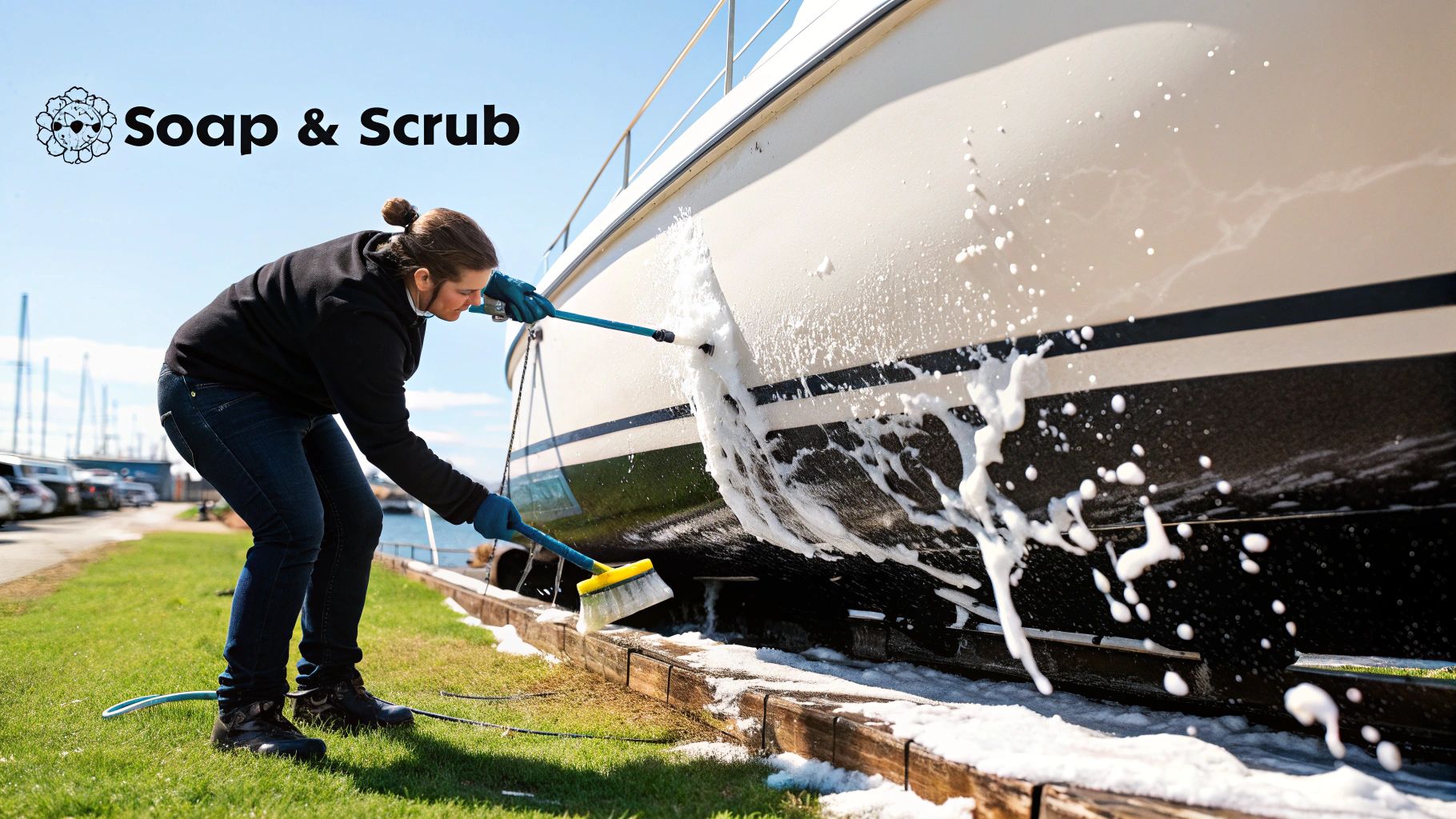 A person buffing the side of a fiberglass boat to restore its shine.