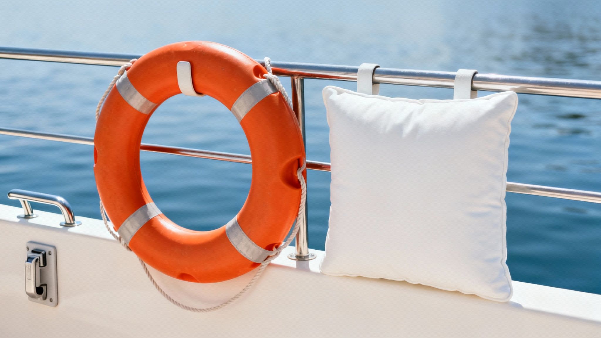 An orange lifebuoy and a white cushion hanging on a boat railing with blue water.